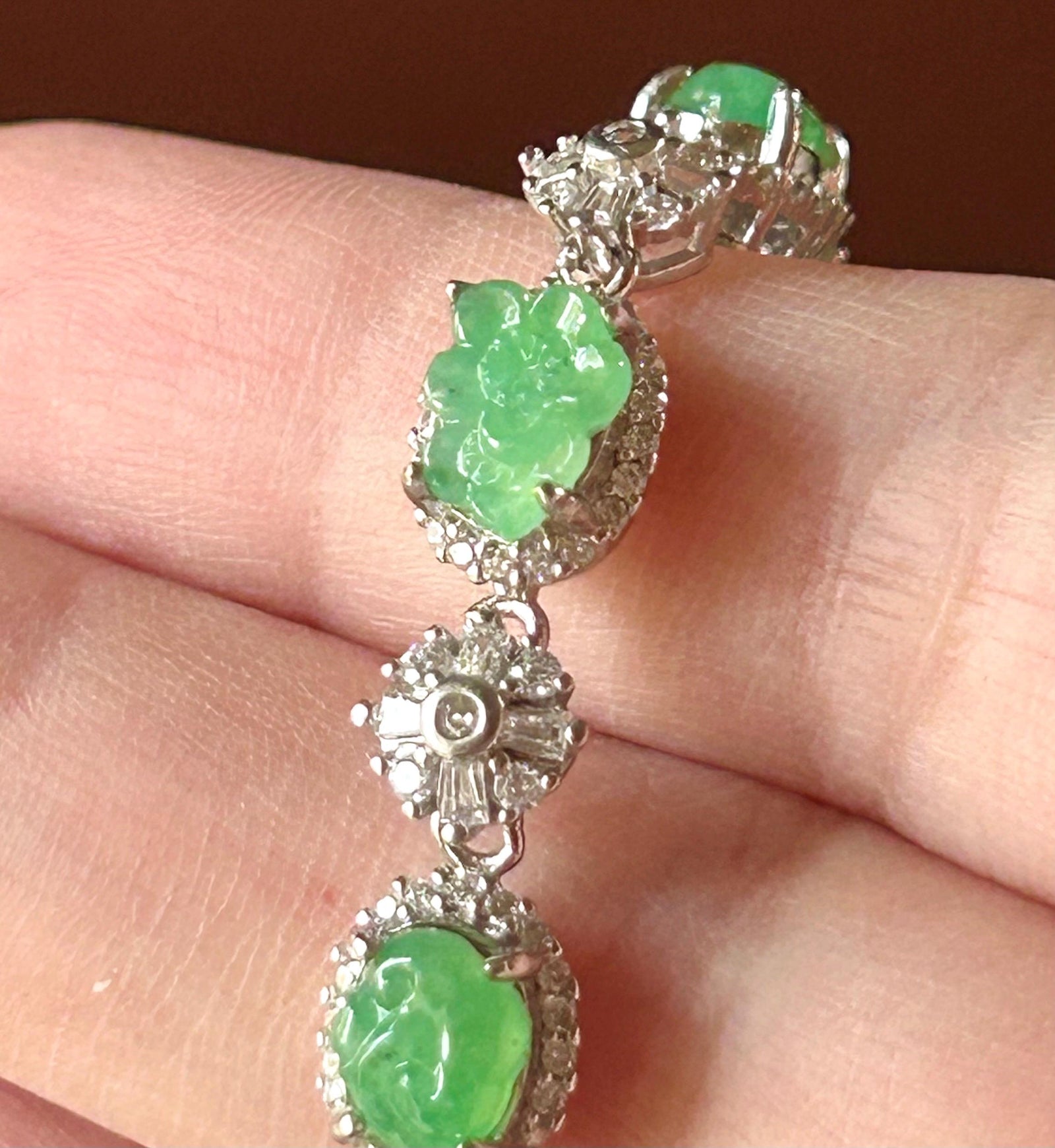 Certified Natural Jadeite Floral Bracelet, Burmese Type A Icy Translucent Vivid Green Jade Magnolia Peach Blossom Lingzhi Carving & Silver