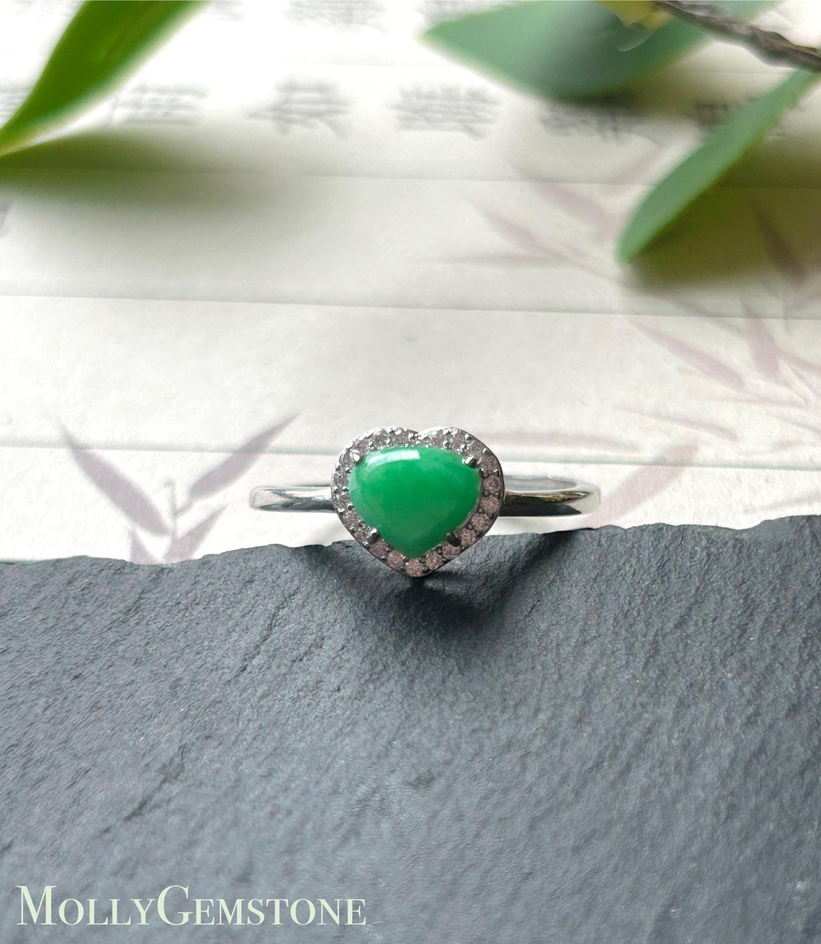 Natural Jadeite & Sterling Silver Adjustable Ring Band Burmese Type A Translucent Icy Vivid Yang Green Heart Jade