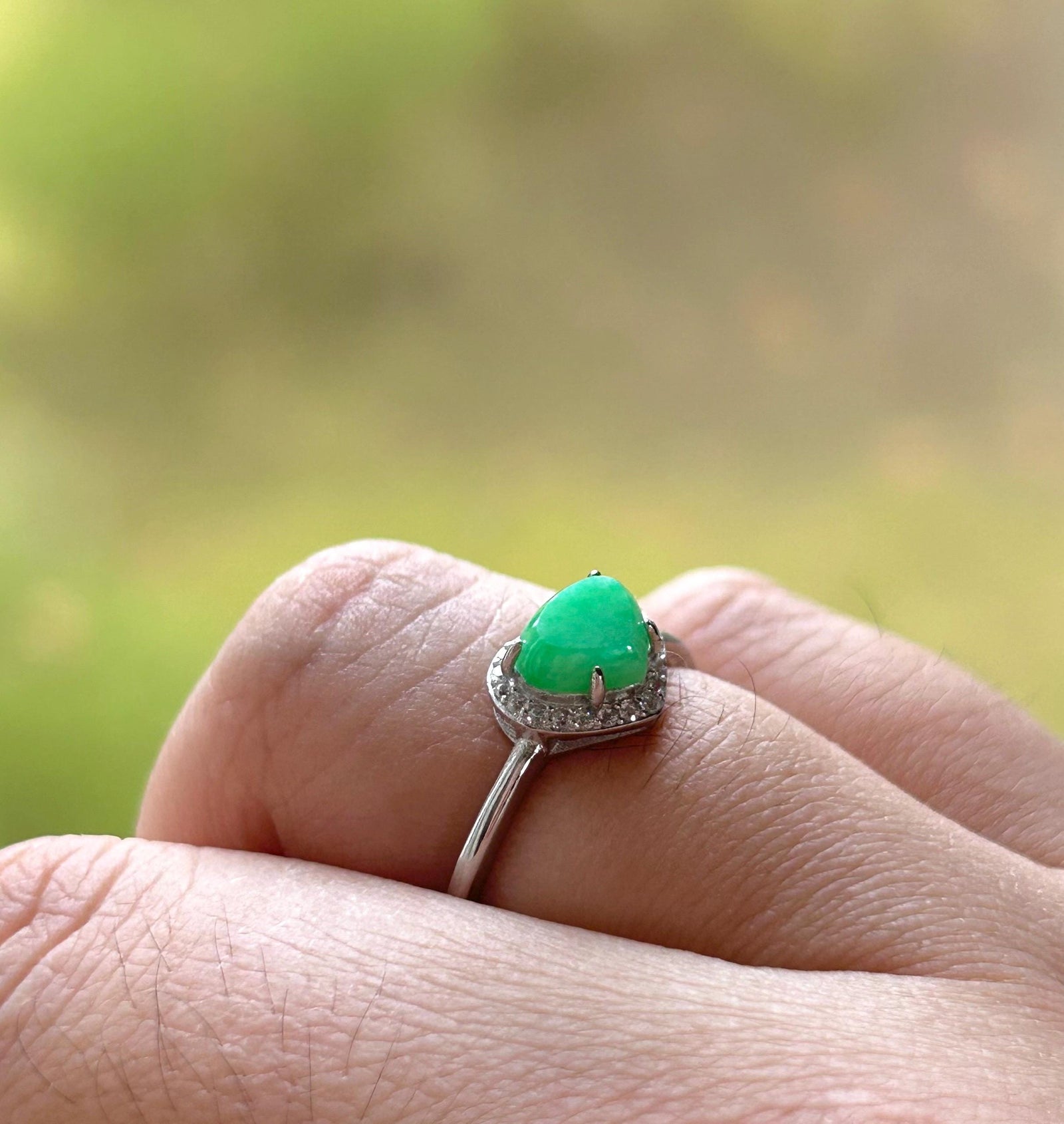 Natural Jadeite & Sterling Silver Adjustable Ring Band Burmese Type A Translucent Icy Vivid Yang Green Heart Jade