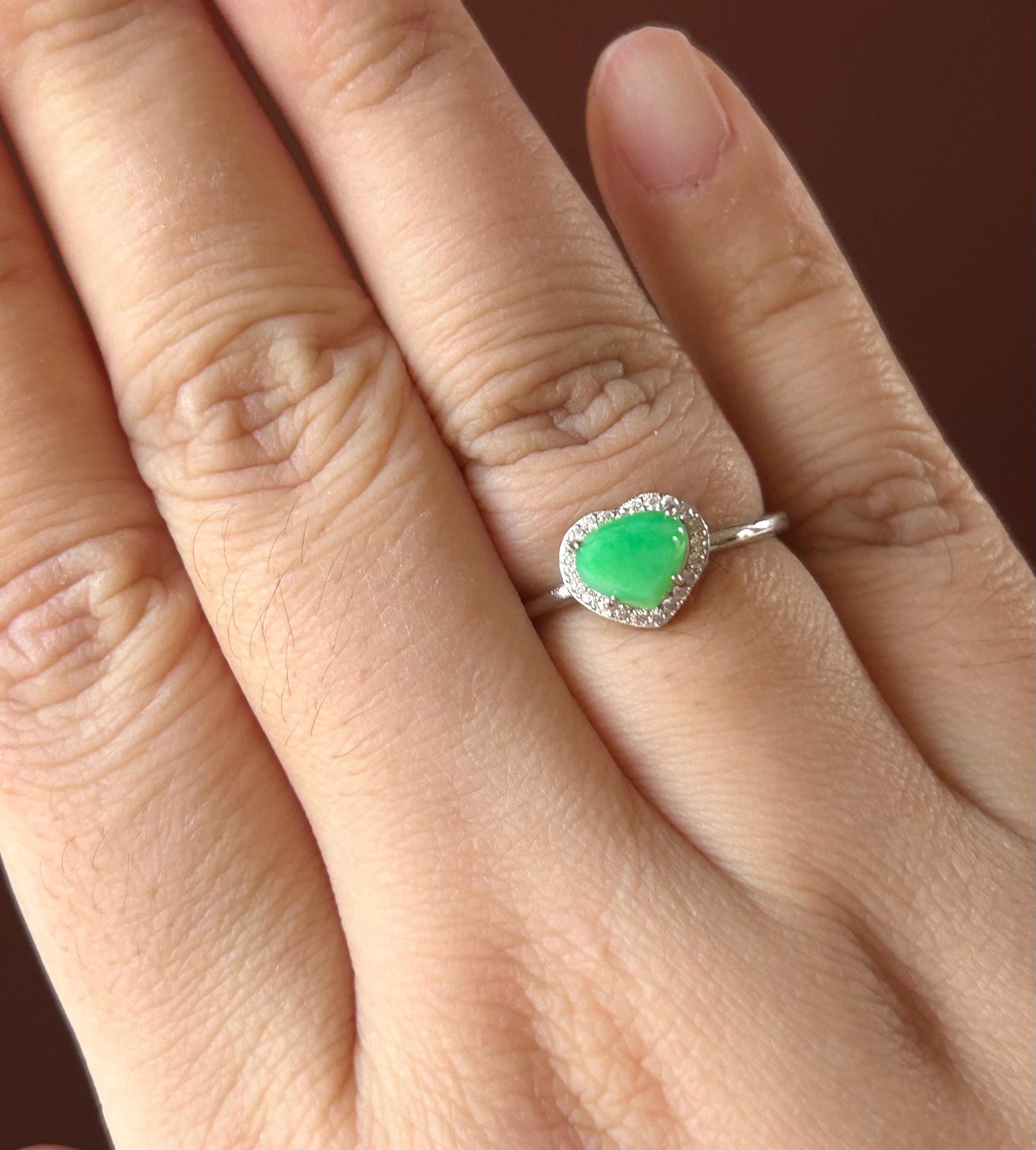 Natural Jadeite & Sterling Silver Adjustable Ring Band Burmese Type A Translucent Icy Vivid Yang Green Heart Jade