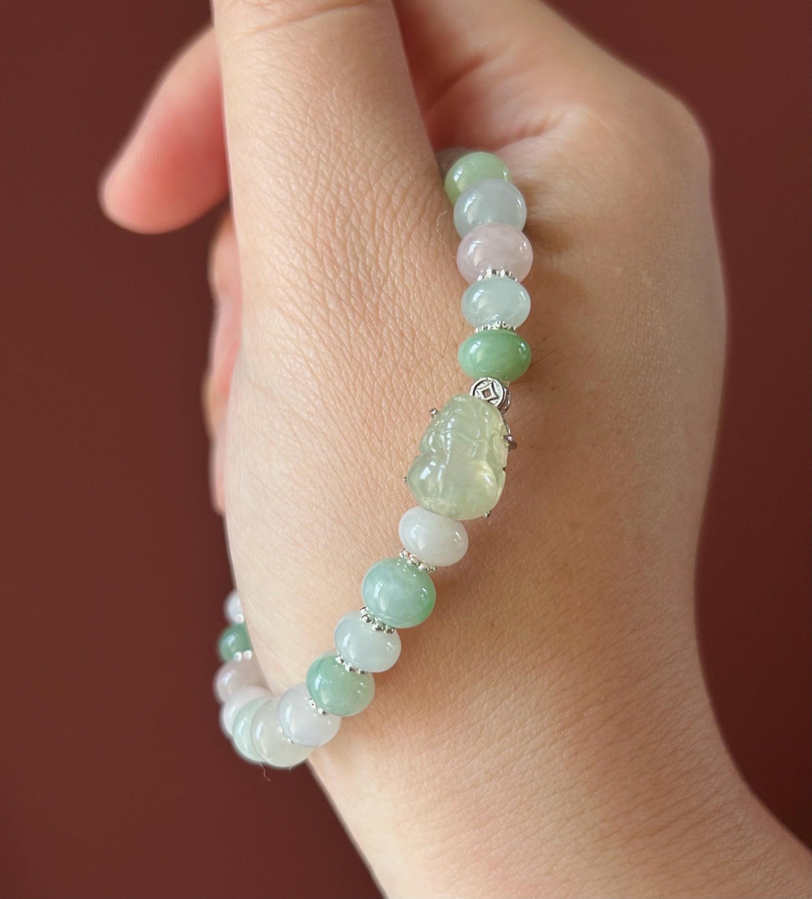 Natural Jadeite Multi-Color Beaded Bracelet | Macaron Style Burmese Type A Icy Translucent Jade | Pixiu Charm with Coin