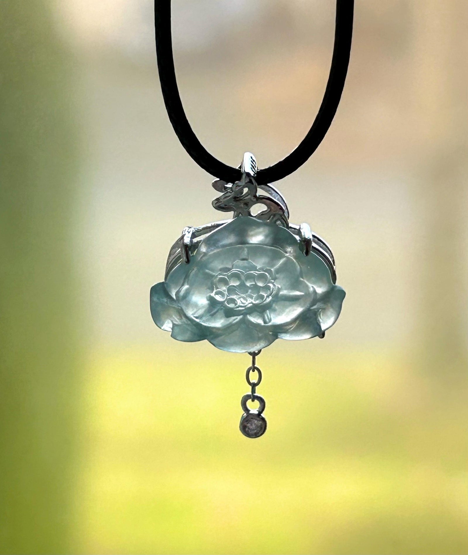 Natural Jadeite Lotus Pendant, Burmese Type A Highly Translucent Icy Light Blue/Green Jade, Sterling Silver Setting