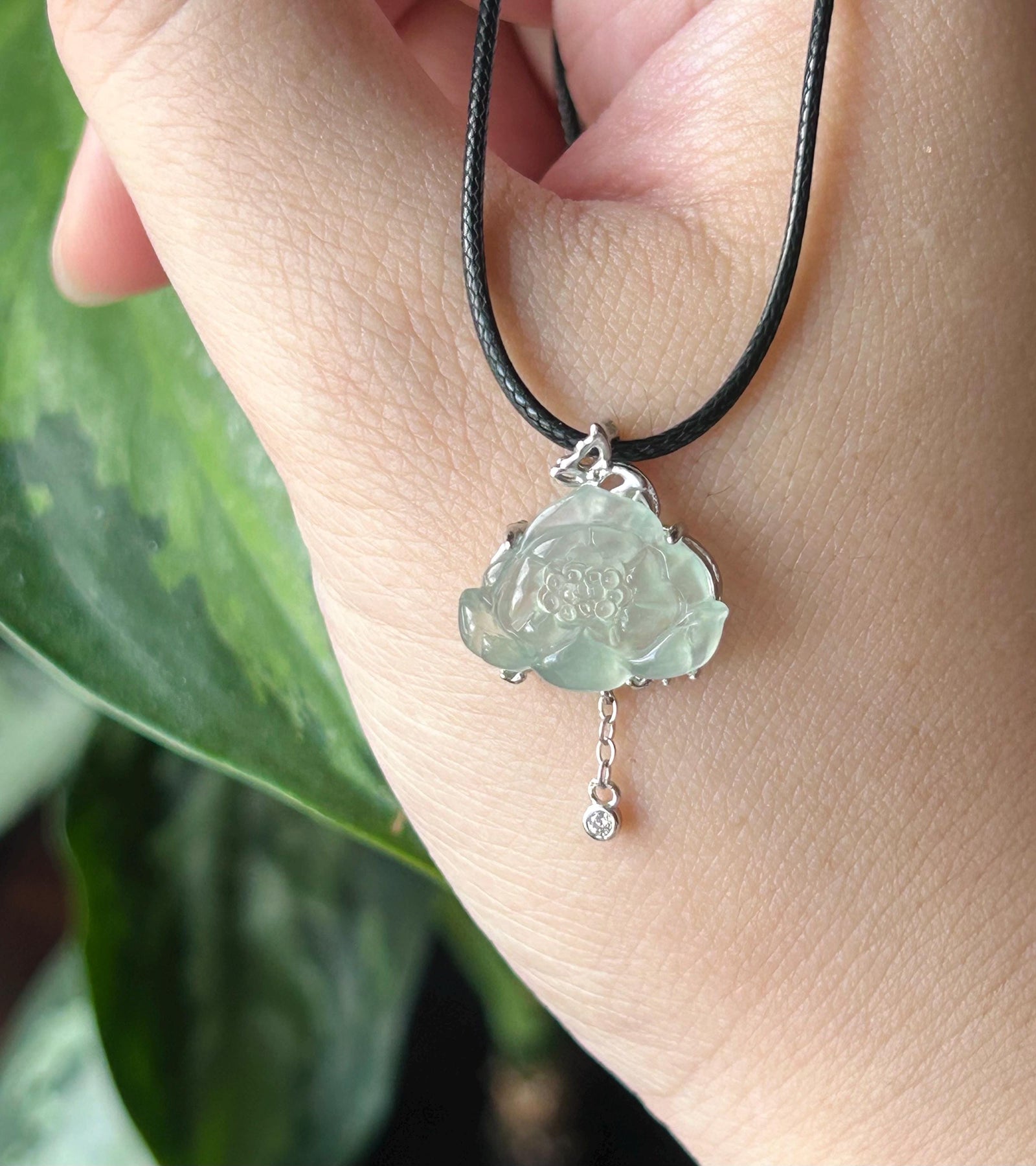 Natural Jadeite Lotus Pendant, Burmese Type A Highly Translucent Icy Light Blue/Green Jade, Sterling Silver Setting