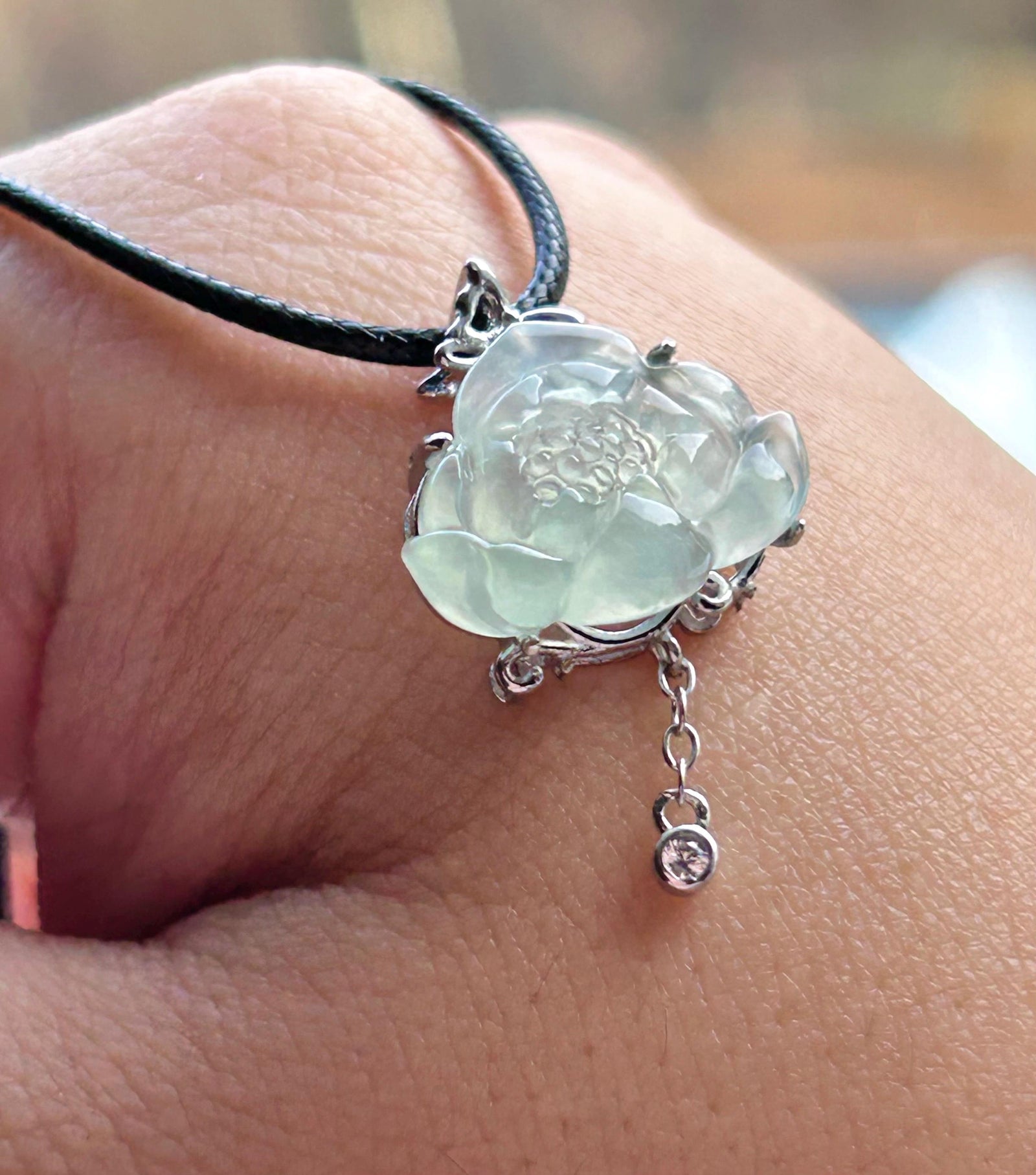 Natural Jadeite Lotus Pendant, Burmese Type A Highly Translucent Icy Light Blue/Green Jade, Sterling Silver Setting