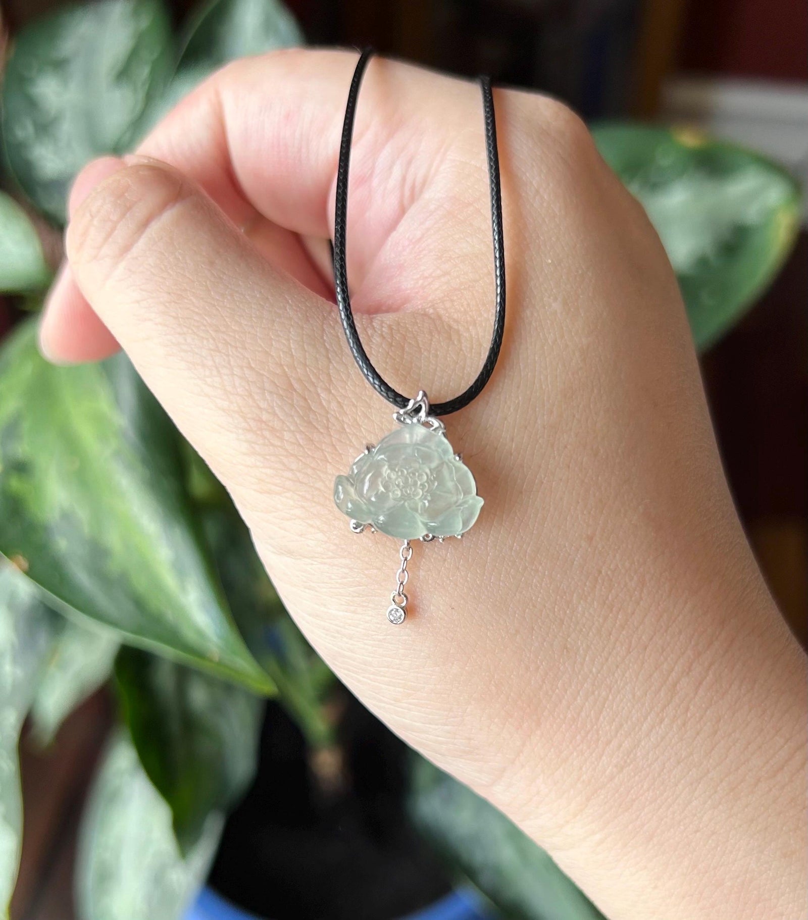 Natural Jadeite Lotus Pendant, Burmese Type A Highly Translucent Icy Light Blue/Green Jade, Sterling Silver Setting