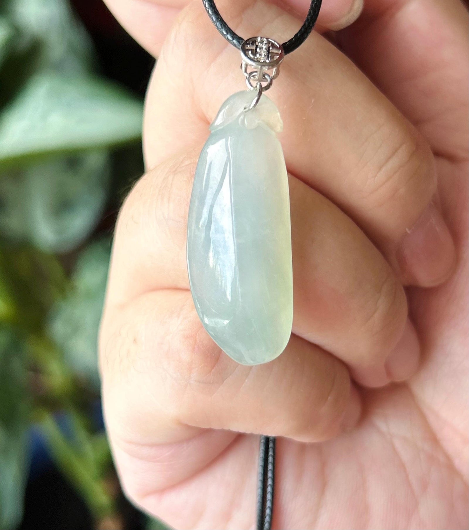 Certified Natural Burmese Type A Jadeite Lucky Gourd Pendant, Highly Translucent Icy Light Blue/Green Jade, Sterling Silver Bail