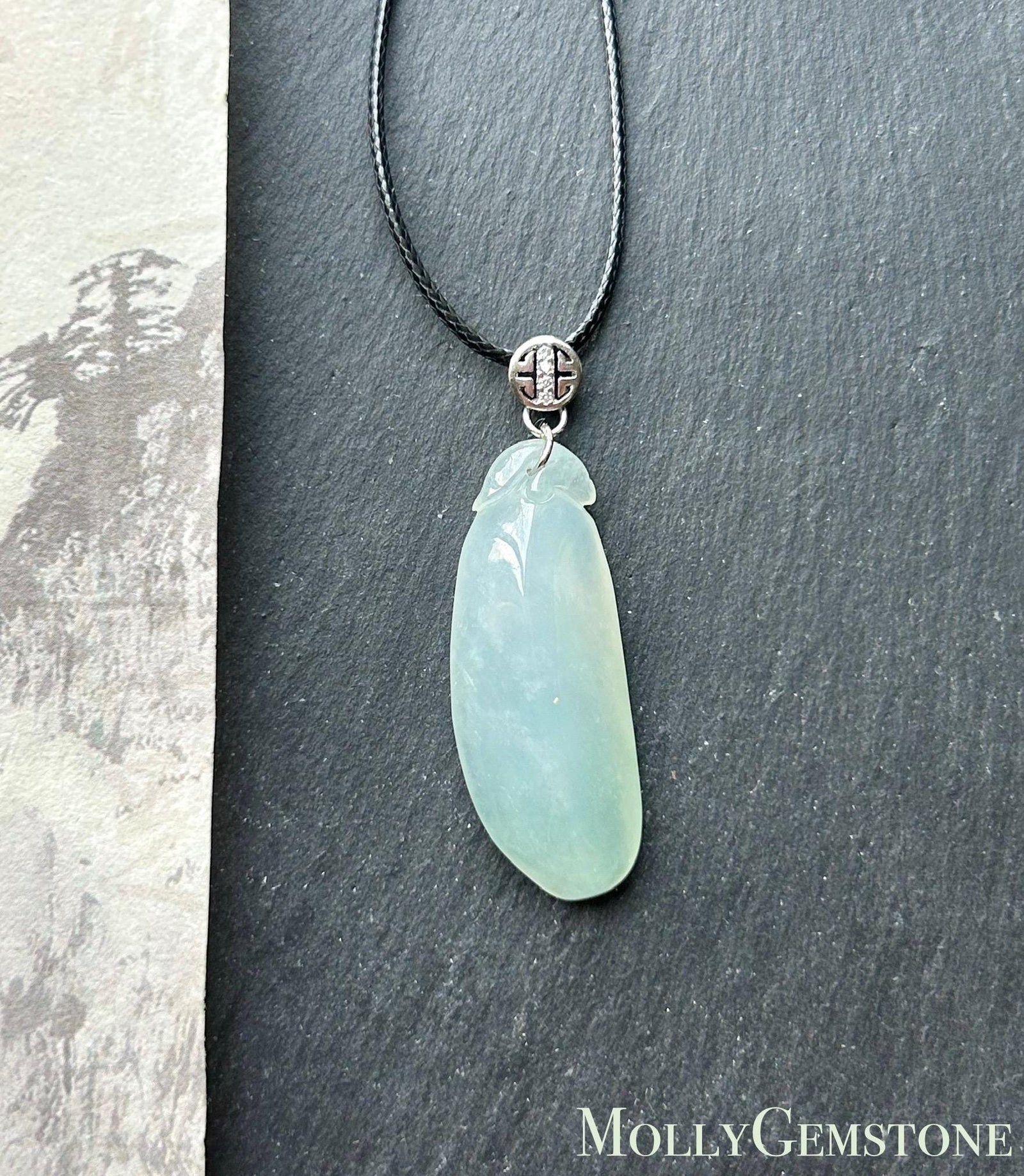 Certified Natural Burmese Type A Jadeite Lucky Gourd Pendant, Highly Translucent Icy Light Blue/Green Jade, Sterling Silver Bail