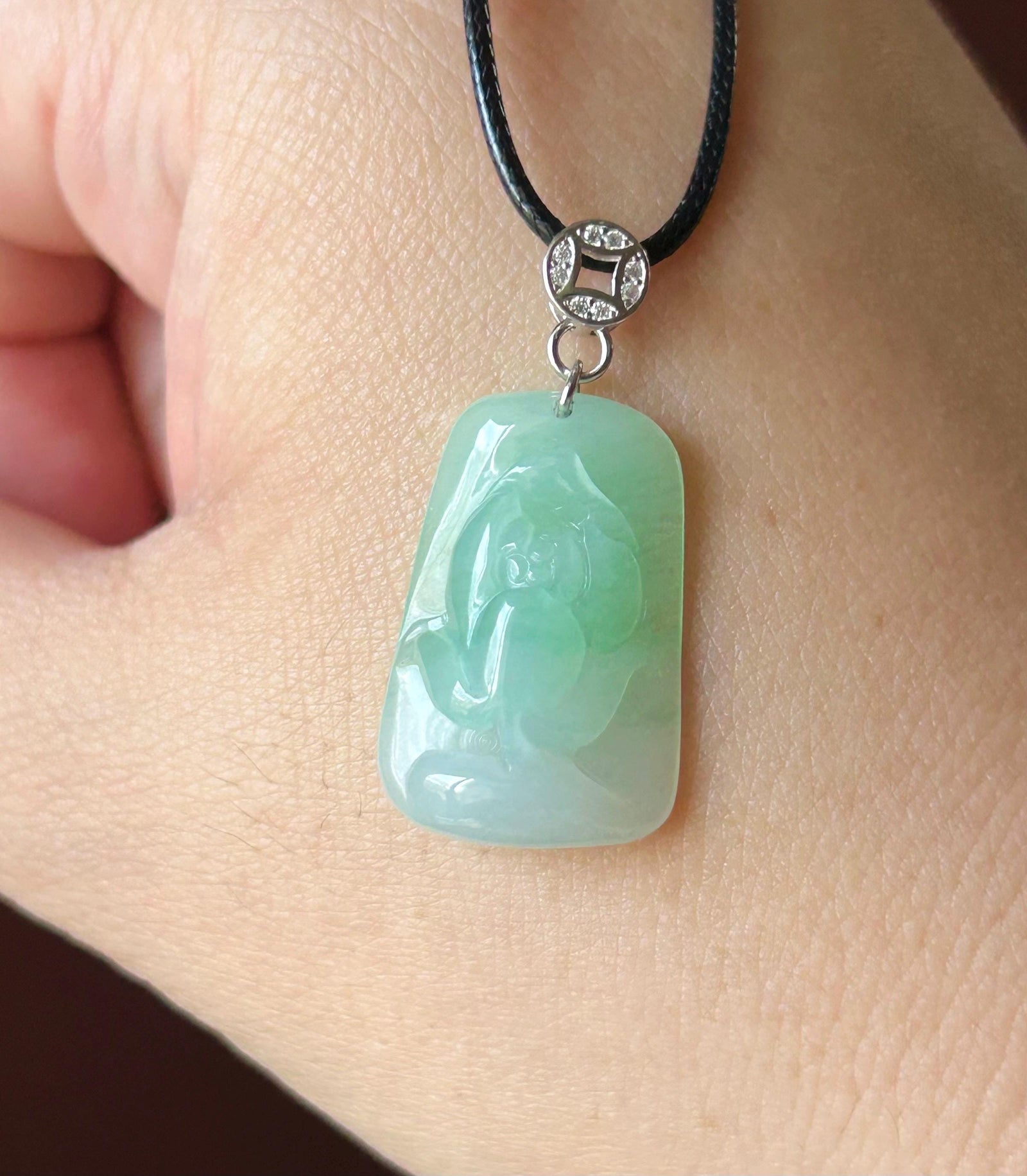 Natural Jadeite Lotus Pendant, Burmese Type A Icy Translucent Icy Apple Green Jade, Sterling Silver Bail