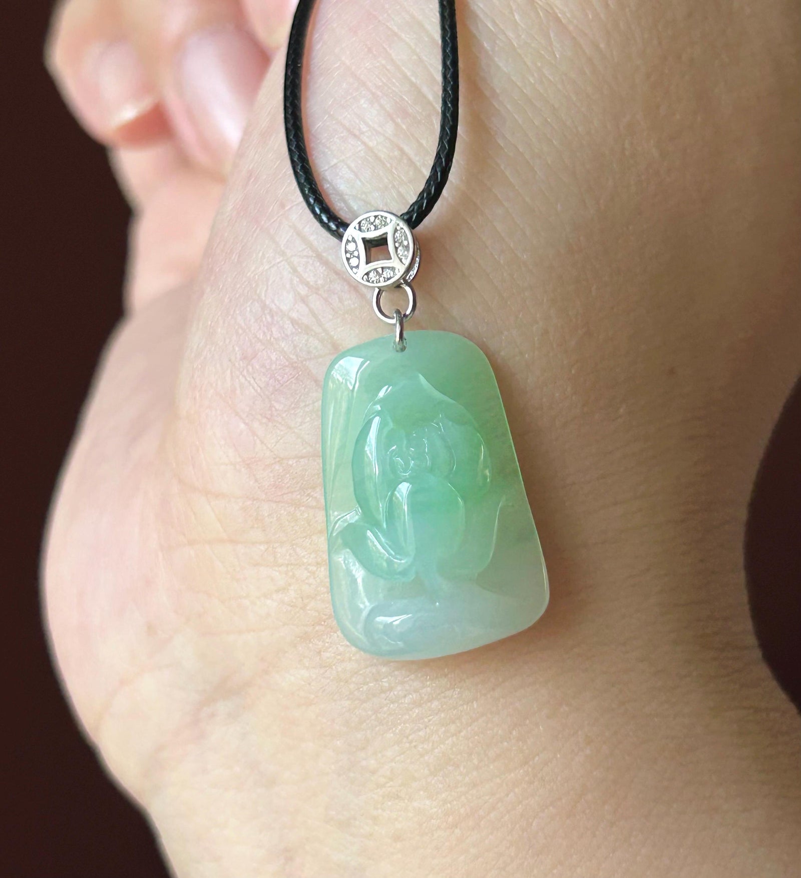 Natural Jadeite Lotus Pendant, Burmese Type A Icy Translucent Icy Apple Green Jade, Sterling Silver Bail