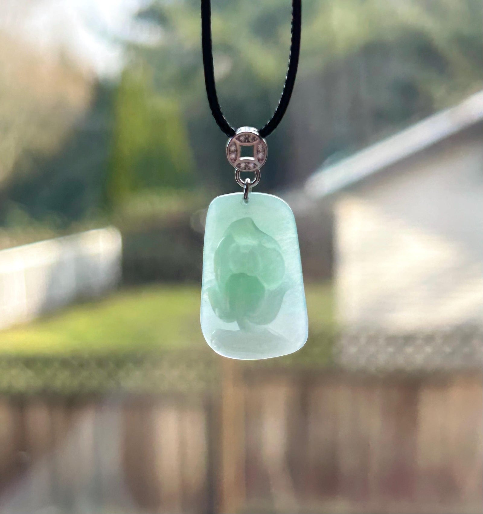 Natural Jadeite Lotus Pendant, Burmese Type A Icy Translucent Icy Apple Green Jade, Sterling Silver Bail
