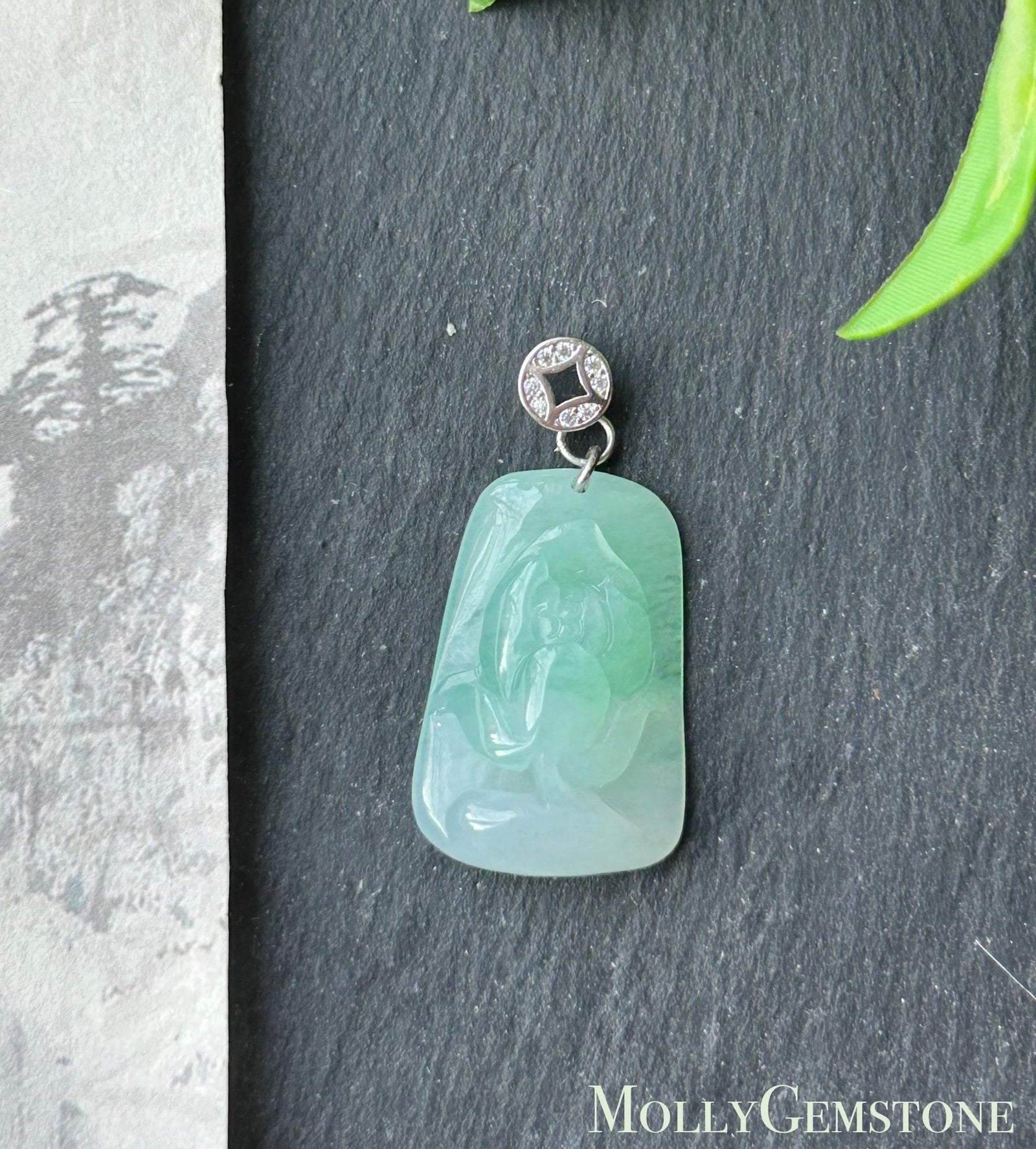 Natural Jadeite Lotus Pendant, Burmese Type A Icy Translucent Icy Apple Green Jade, Sterling Silver Bail