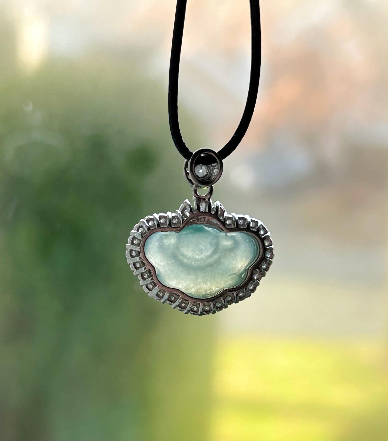 Natural Jadeite RuYi Cloud Pendant, Burmese Type A Highly Translucent Icy Light Green Jade, Sterling Silver Setting