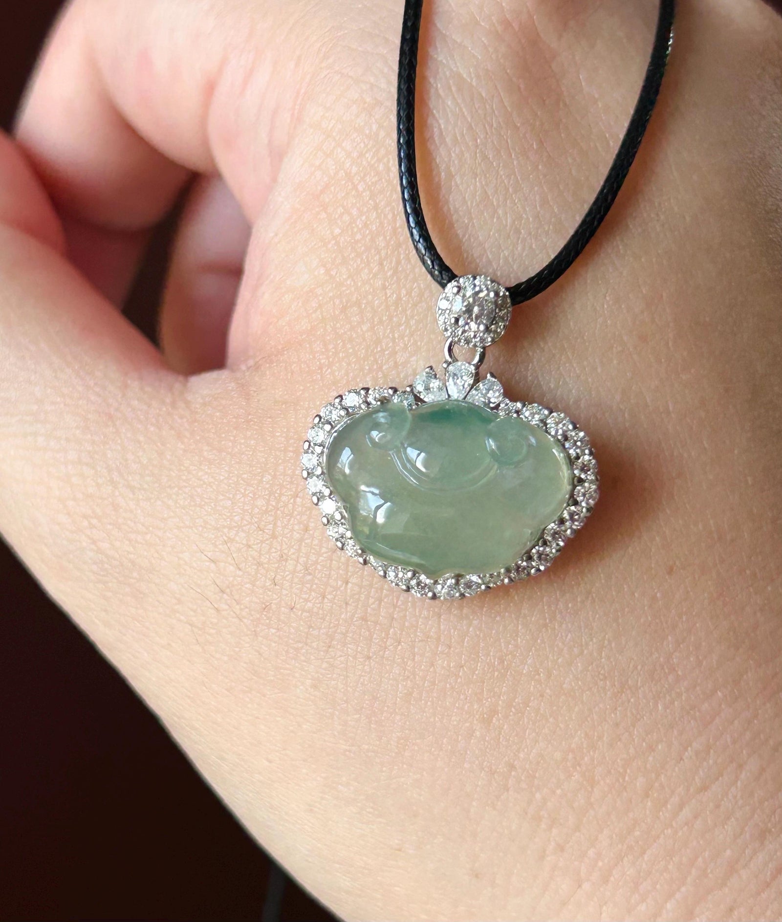 Natural Jadeite RuYi Cloud Pendant, Burmese Type A Highly Translucent Icy Light Green Jade, Sterling Silver Setting