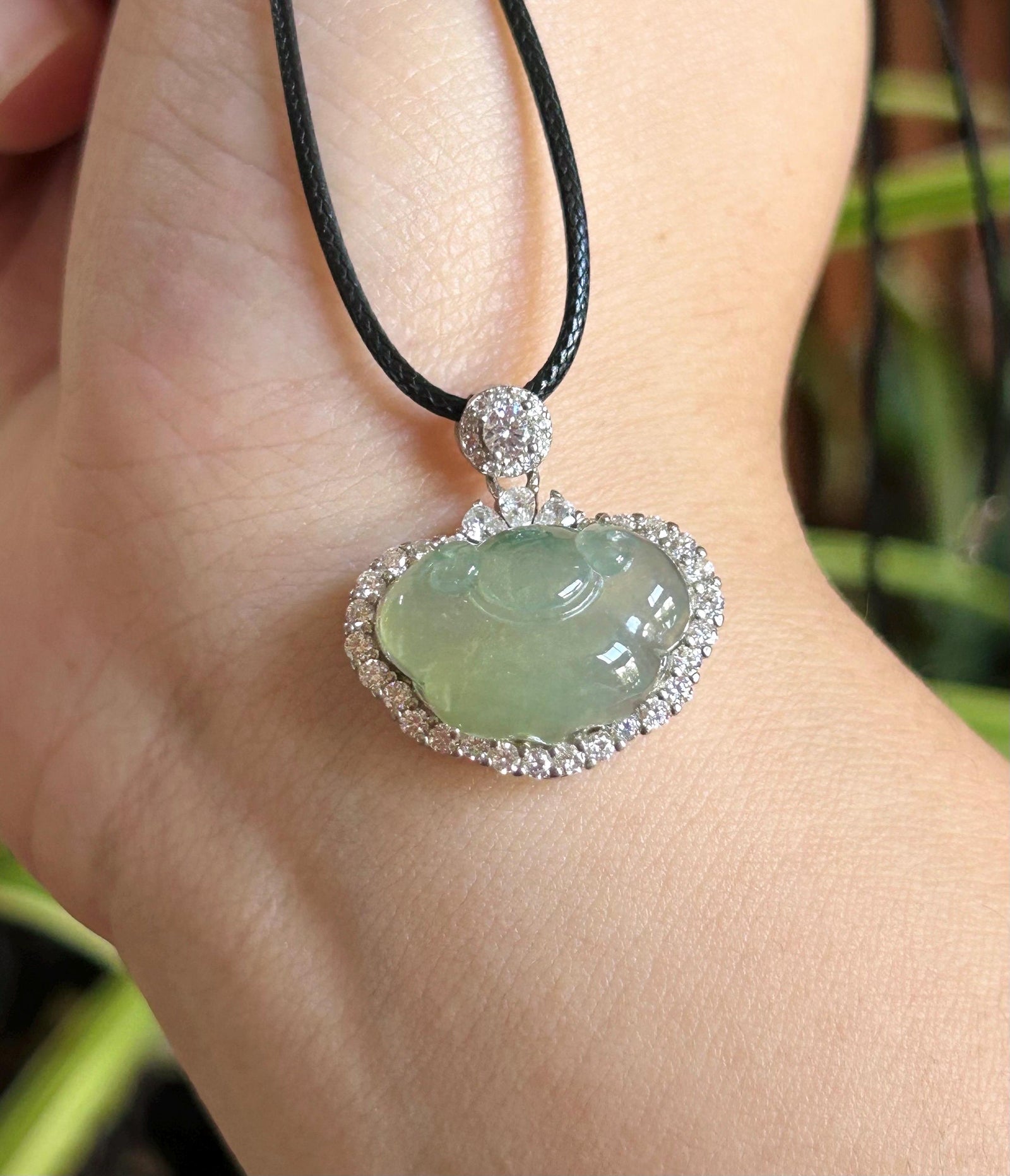 Natural Jadeite RuYi Cloud Pendant, Burmese Type A Highly Translucent Icy Light Green Jade, Sterling Silver Setting