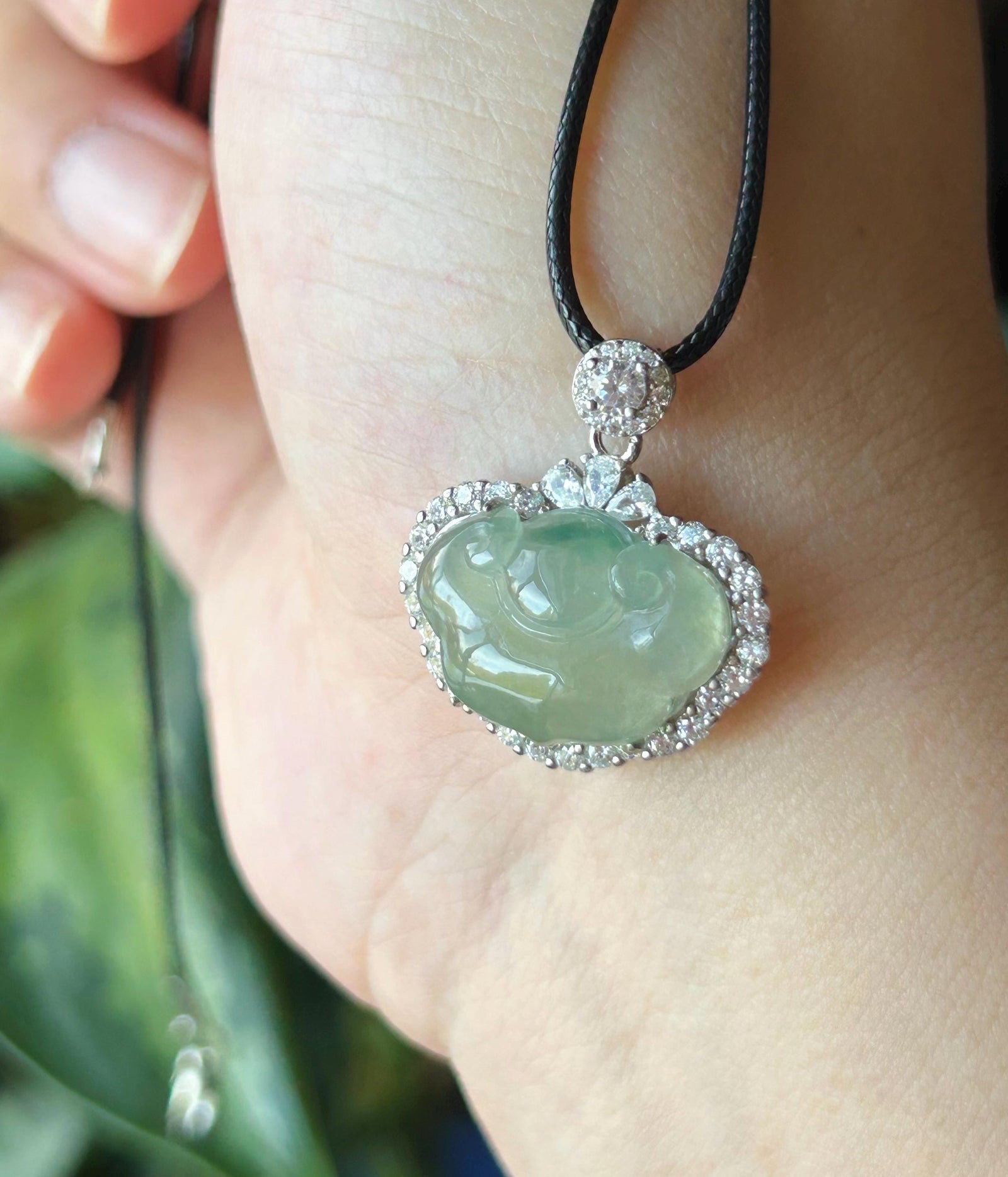Natural Jadeite RuYi Cloud Pendant, Burmese Type A Highly Translucent Icy Light Green Jade, Sterling Silver Setting