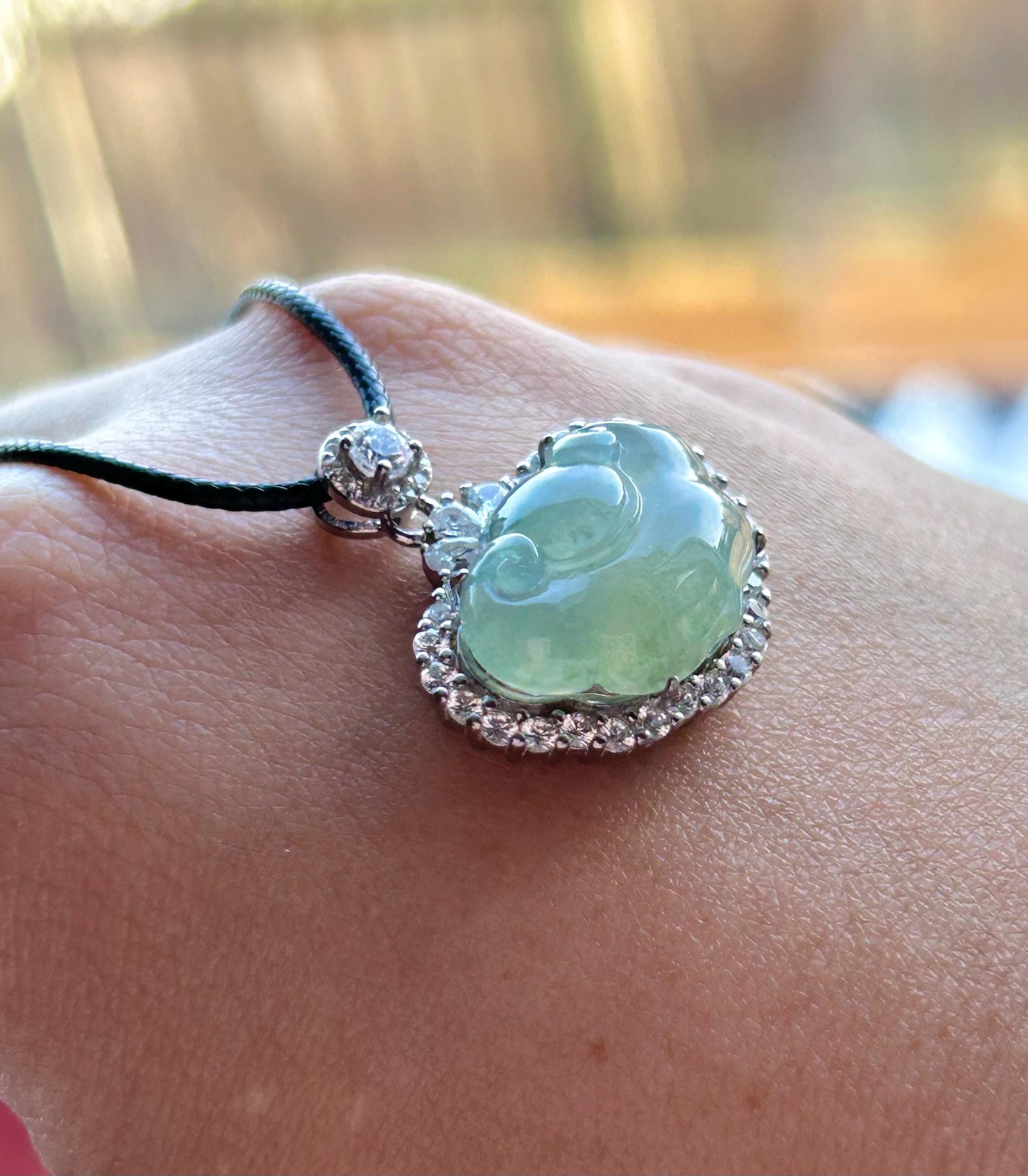 Natural Jadeite RuYi Cloud Pendant, Burmese Type A Highly Translucent Icy Light Green Jade, Sterling Silver Setting