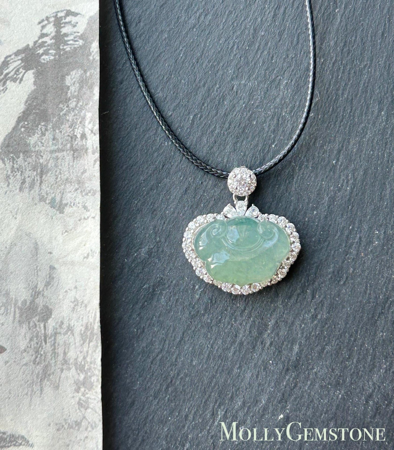 Natural Jadeite RuYi Cloud Pendant, Burmese Type A Highly Translucent Icy Light Green Jade, Sterling Silver Setting