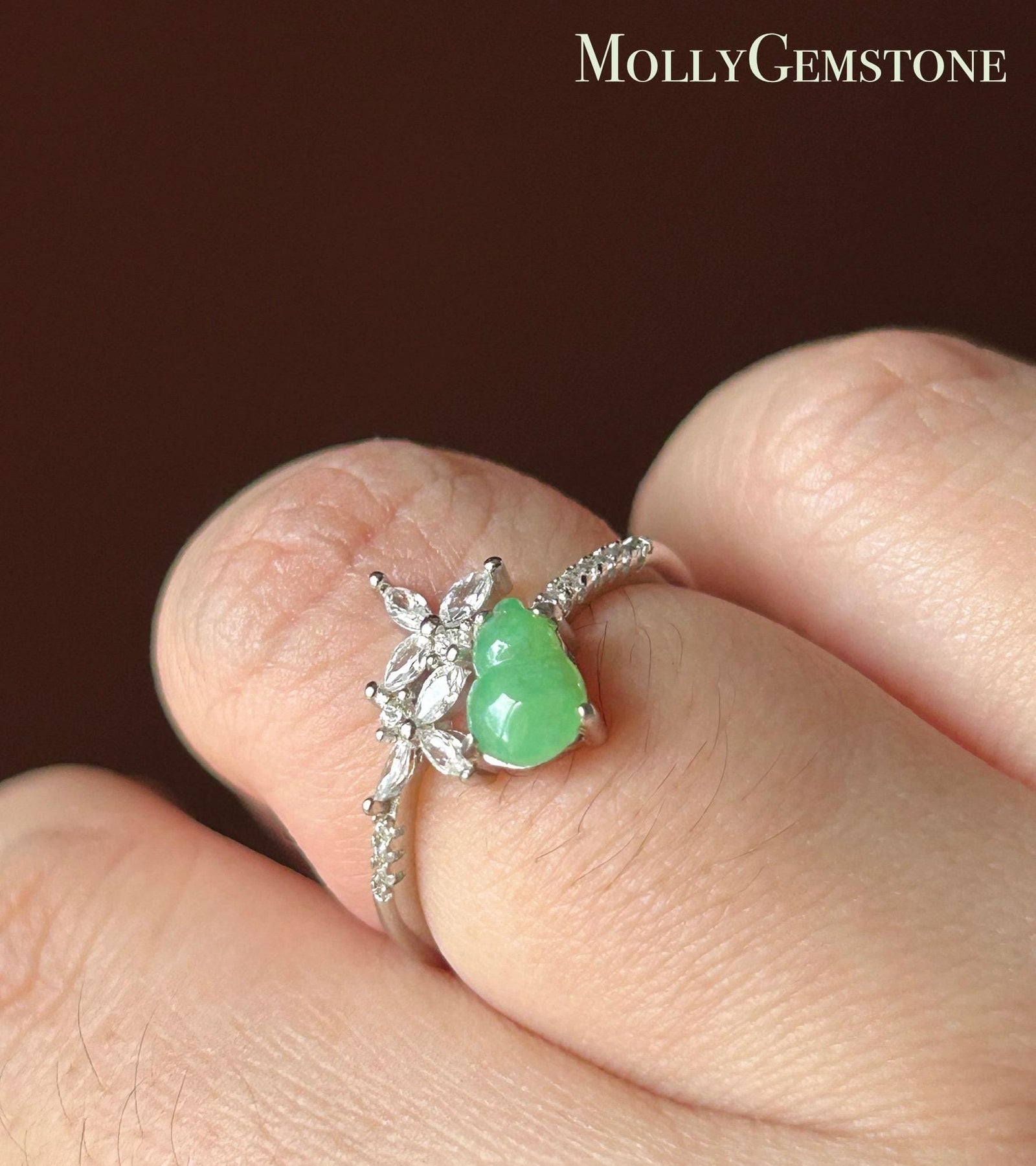 Natural Jadeite Petite Gourd Adjustable RingBurmese Type A Translucent Icy Green Jade HuluSterling Silver
