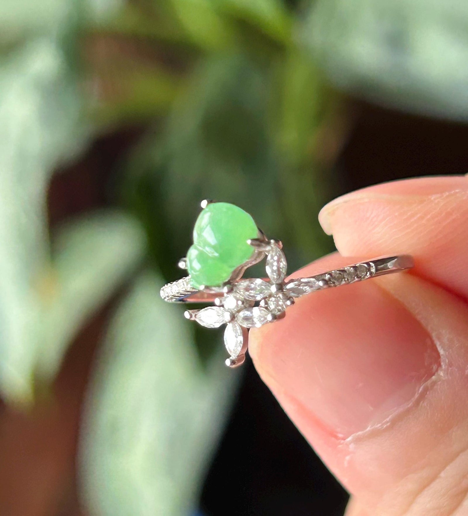 Natural Jadeite Petite Gourd Adjustable RingBurmese Type A Translucent Icy Green Jade HuluSterling Silver