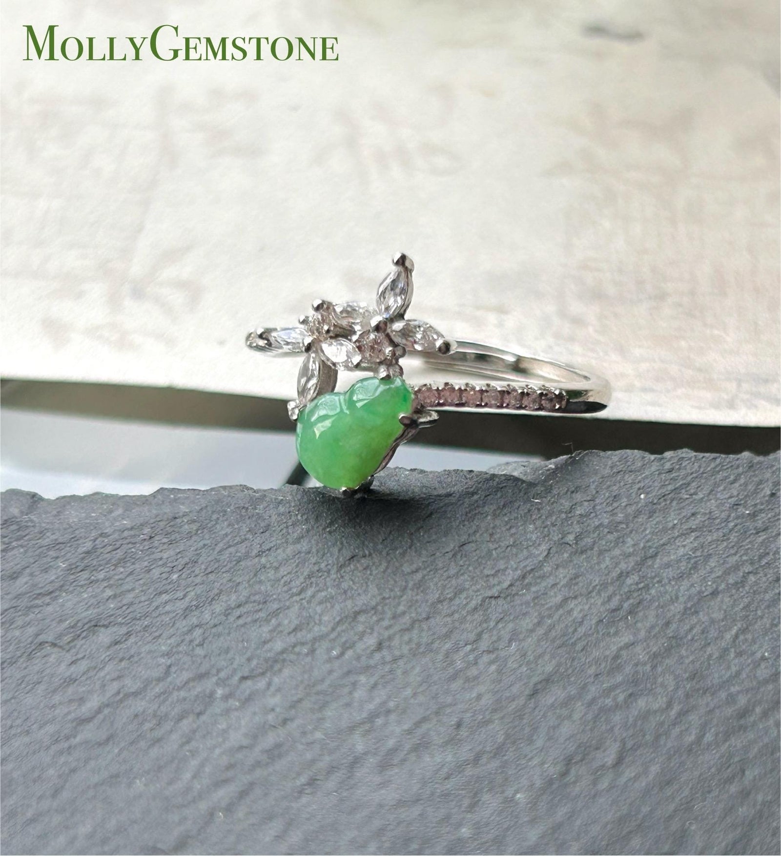 Natural Jadeite Petite Gourd Adjustable RingBurmese Type A Translucent Icy Green Jade HuluSterling Silver