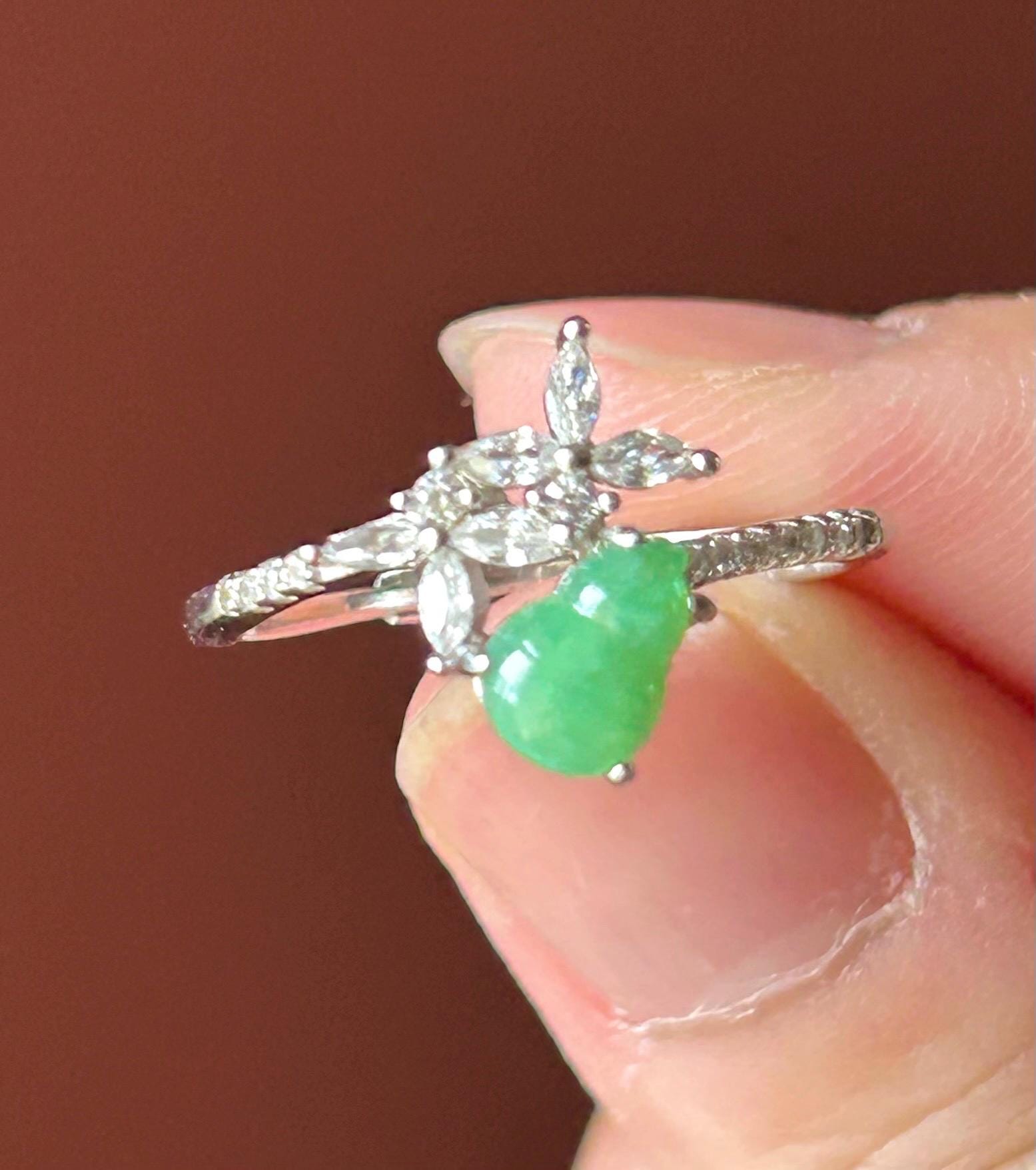 Natural Jadeite Petite Gourd Adjustable RingBurmese Type A Translucent Icy Green Jade HuluSterling Silver