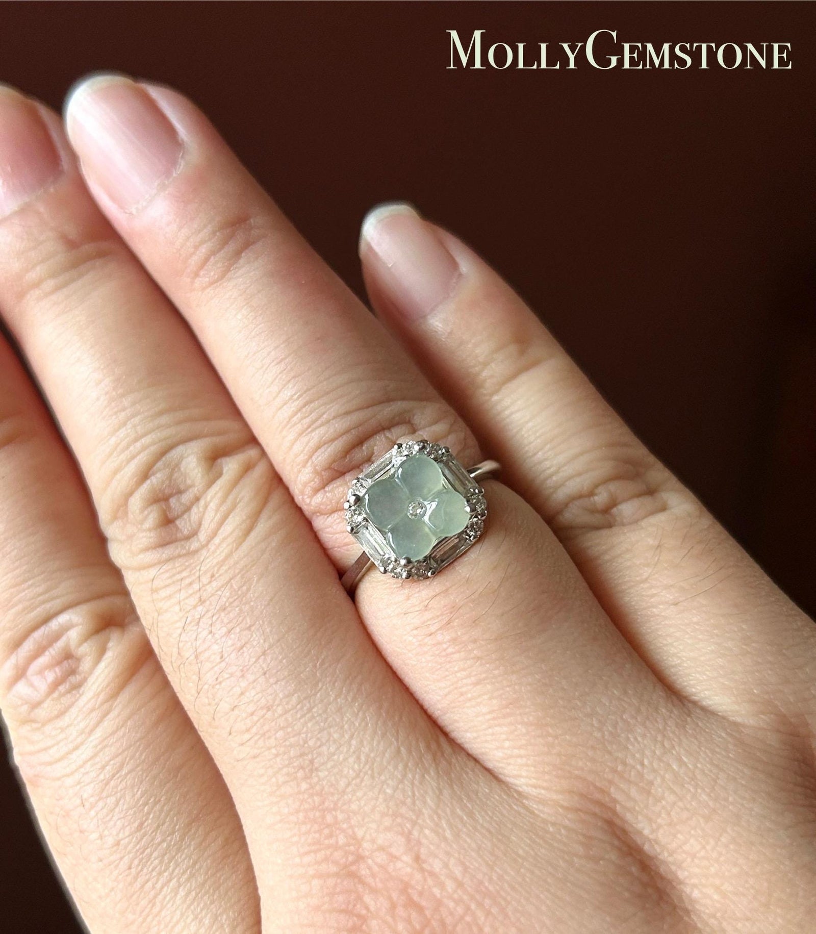 Certified Natural Jadeite Osmanthus Floral Adjustable RingBurmese Type A Highly Translucent Icy Dusty Blue JadeSterling Silver