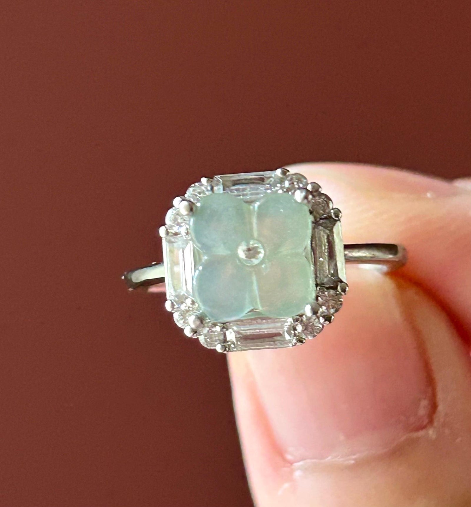 Certified Natural Jadeite Osmanthus Floral Adjustable RingBurmese Type A Highly Translucent Icy Dusty Blue JadeSterling Silver