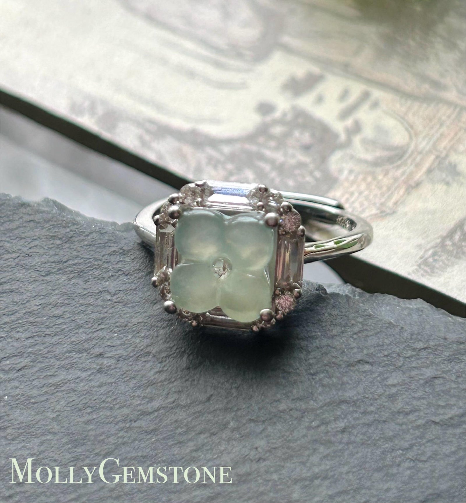 Certified Natural Jadeite Osmanthus Floral Adjustable RingBurmese Type A Highly Translucent Icy Dusty Blue JadeSterling Silver