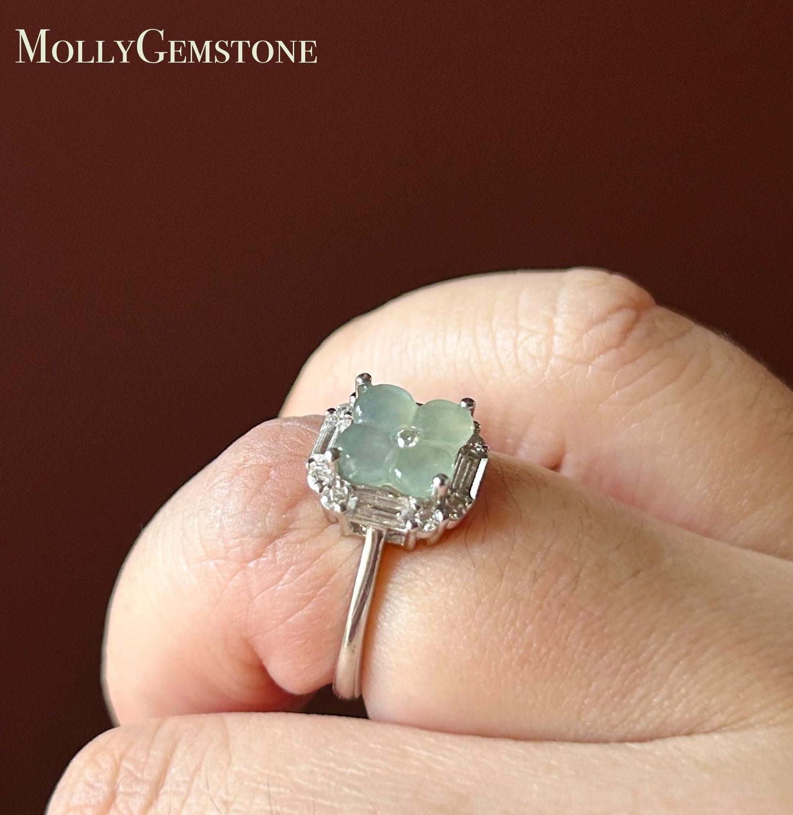 Certified Natural Jadeite Osmanthus Floral Adjustable RingBurmese Type A Highly Translucent Icy Dusty Blue JadeSterling Silver