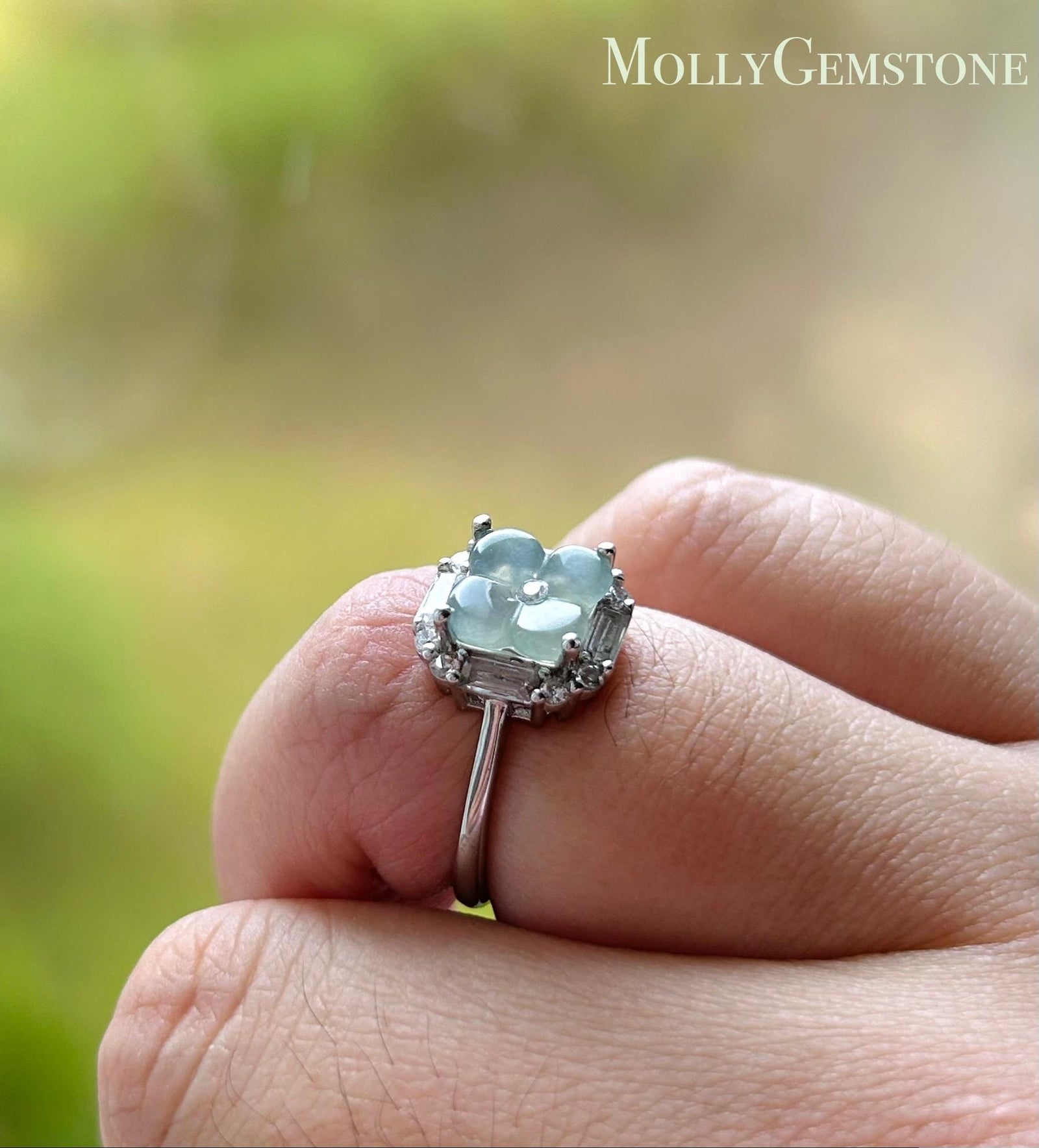 Certified Natural Jadeite Osmanthus Floral Adjustable RingBurmese Type A Highly Translucent Icy Dusty Blue JadeSterling Silver