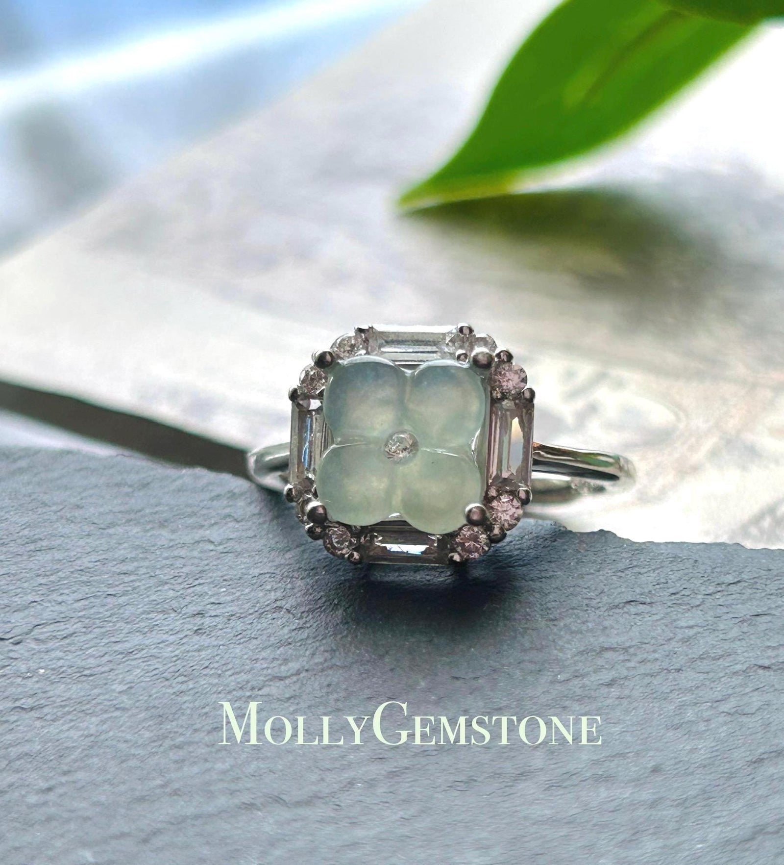 Certified Natural Jadeite Osmanthus Floral Adjustable RingBurmese Type A Highly Translucent Icy Dusty Blue JadeSterling Silver
