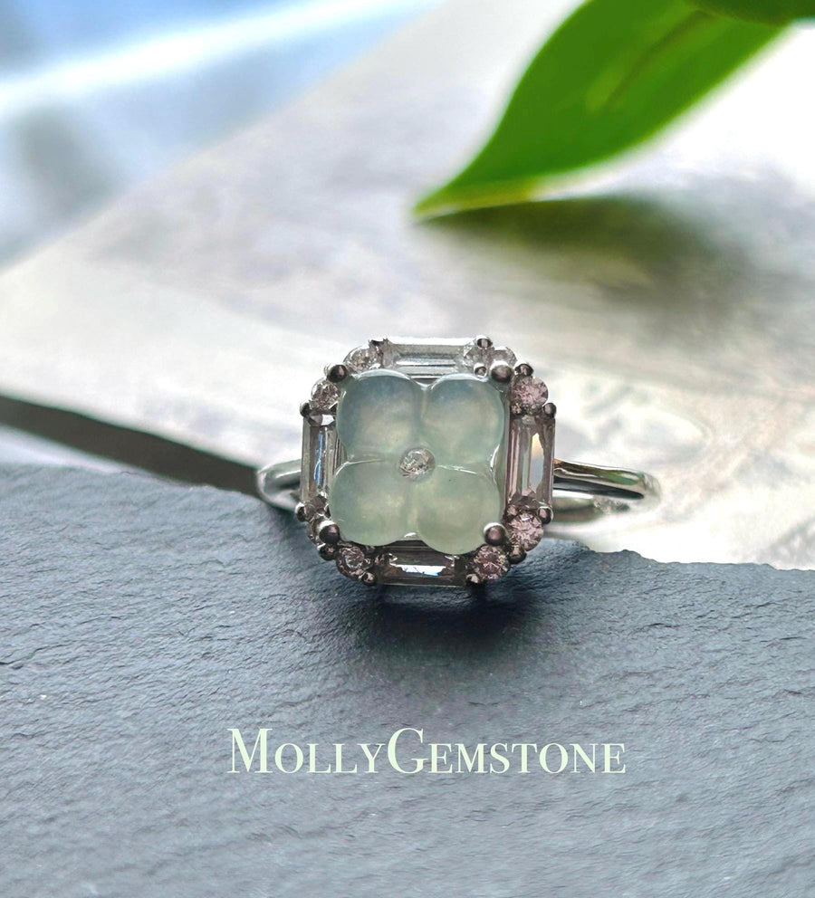 Certified Natural Jadeite Osmanthus Floral Adjustable RingBurmese Type A Highly Translucent Icy Dusty Blue JadeSterling Silver