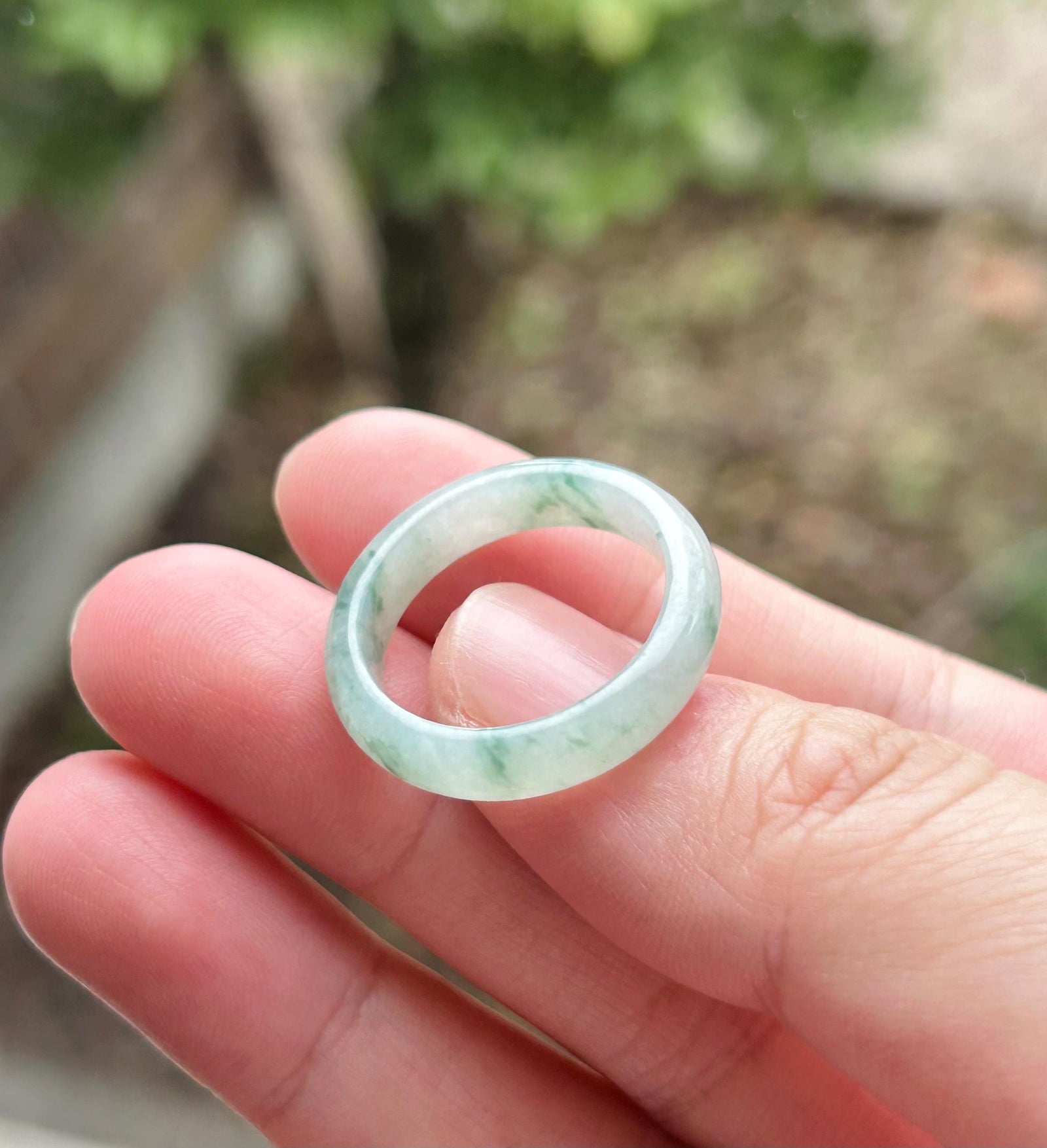 Certified Natural Jadeite Band Ring | Burmese Type A Icy White Base Blue Floral Jade US 8.5 - 18.5mm