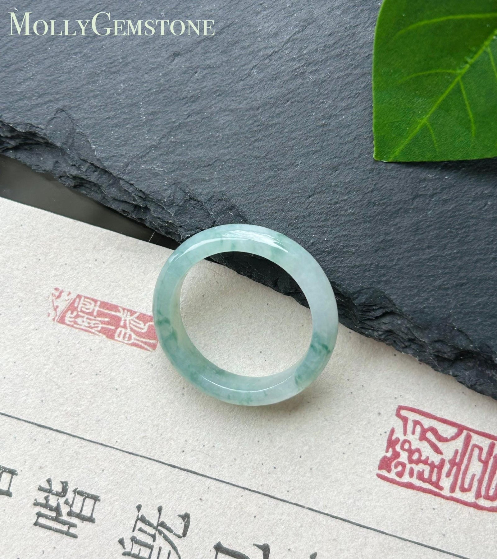 Certified Natural Jadeite Band Ring | Burmese Type A Icy White Base Blue Floral Jade US 8.5 - 18.5mm