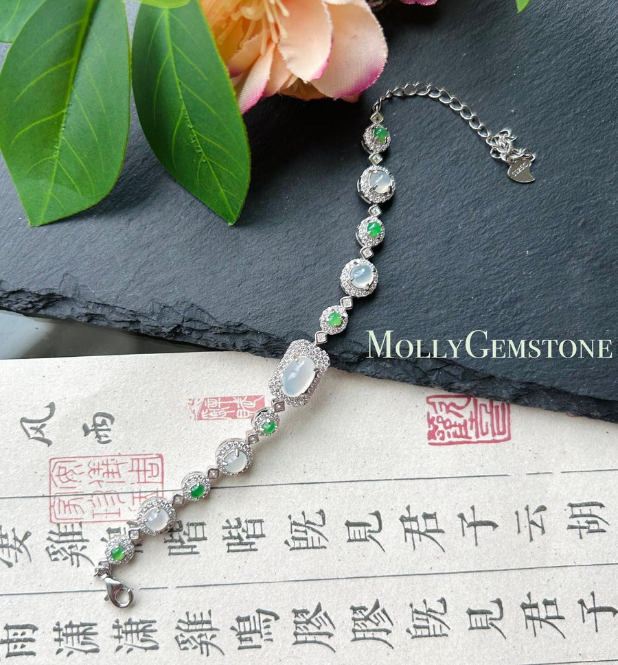 Certified Natural Jadeite Multi Cabochon Sterling Silver Bracelet - Burmese Type A Highly Translucent Icy White & Green Jade