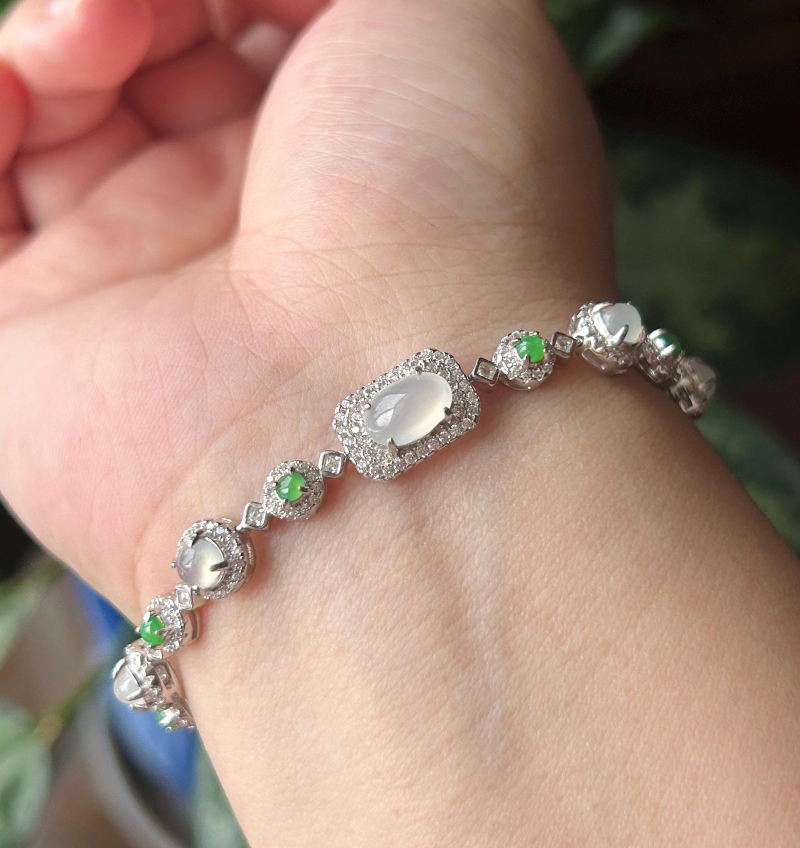 Certified Natural Jadeite Multi Cabochon Sterling Silver Bracelet - Burmese Type A Highly Translucent Icy White & Green Jade