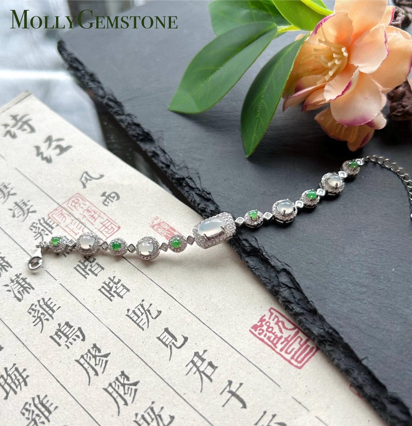 Certified Natural Jadeite Multi Cabochon Sterling Silver Bracelet - Burmese Type A Highly Translucent Icy White & Green Jade