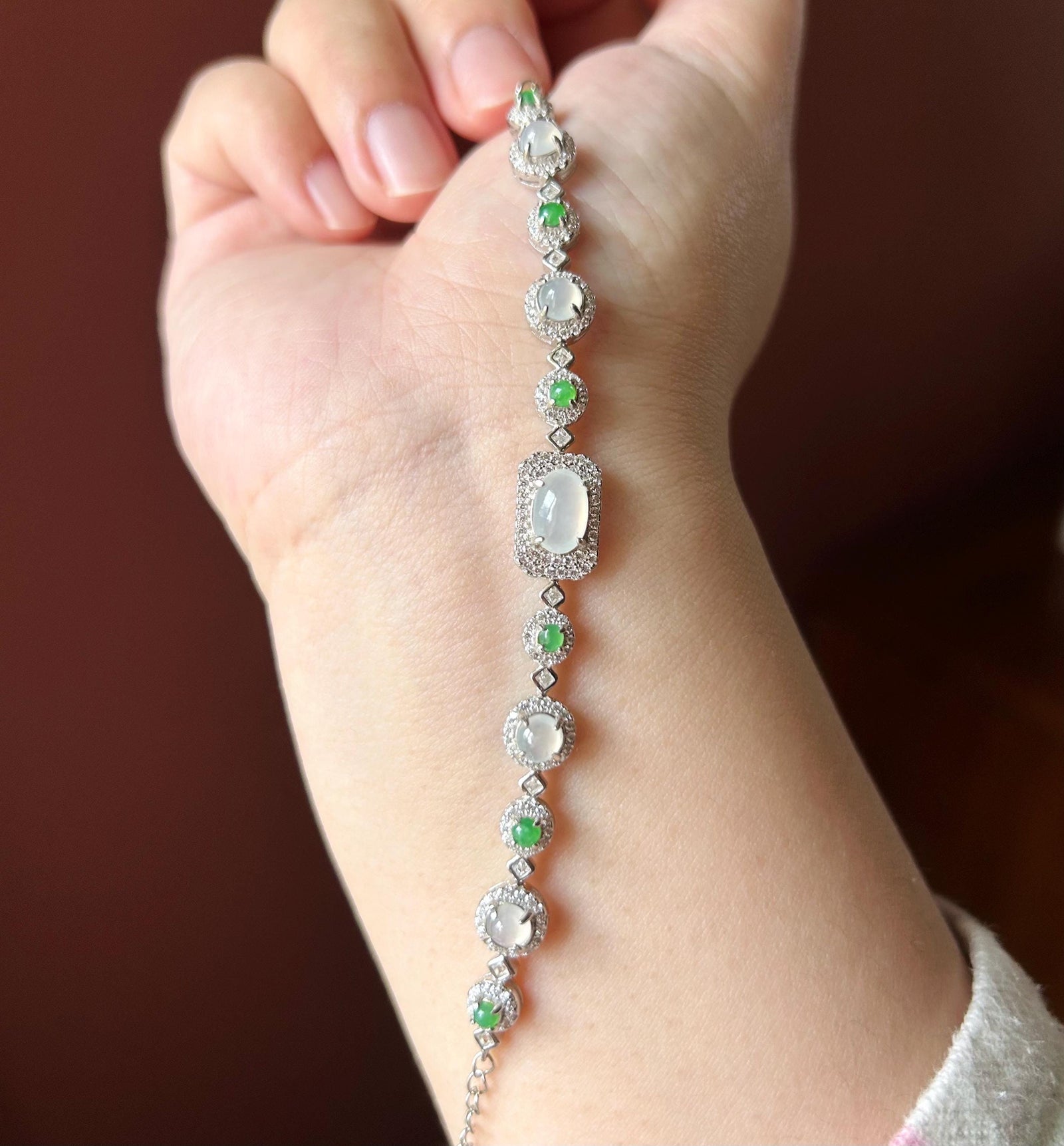 Certified Natural Jadeite Multi Cabochon Sterling Silver Bracelet - Burmese Type A Highly Translucent Icy White & Green Jade