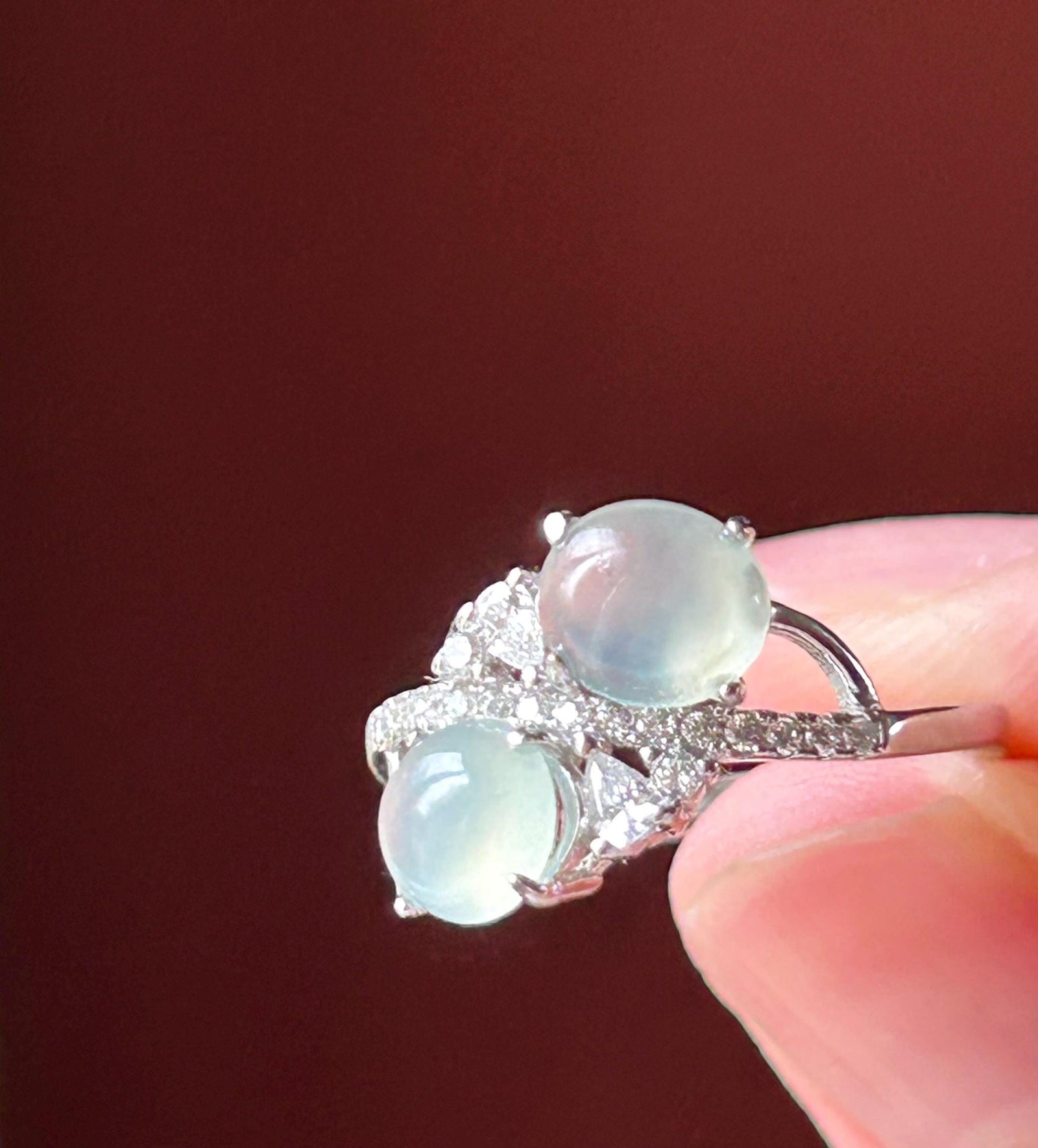 Natural Jadeite Double Cabochon Ring | Burmese Type A Highly Translucent Icy White Jade Sterling Silver | Minimalist Jewelry