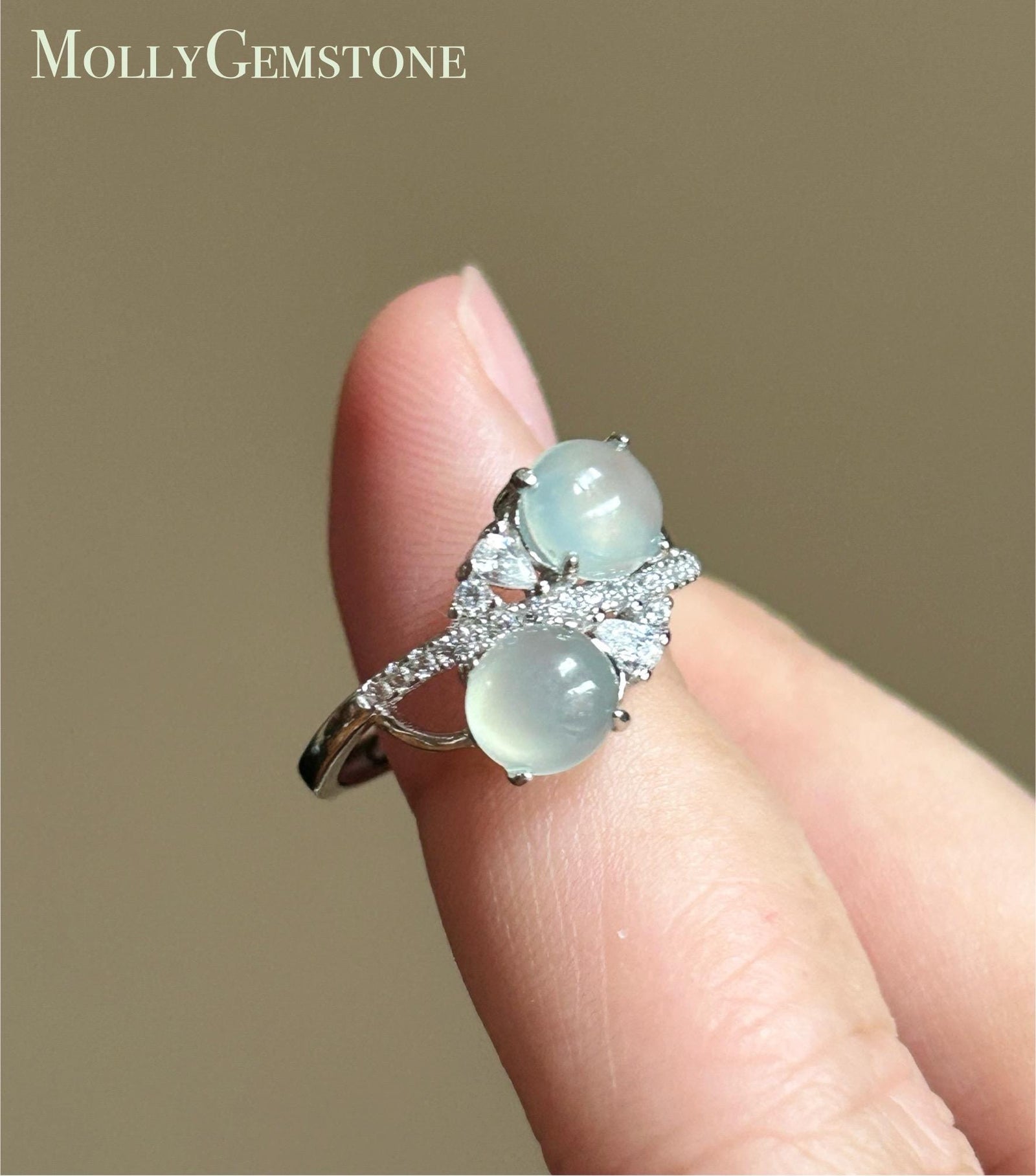 Natural Jadeite Double Cabochon Ring | Burmese Type A Highly Translucent Icy White Jade Sterling Silver | Minimalist Jewelry