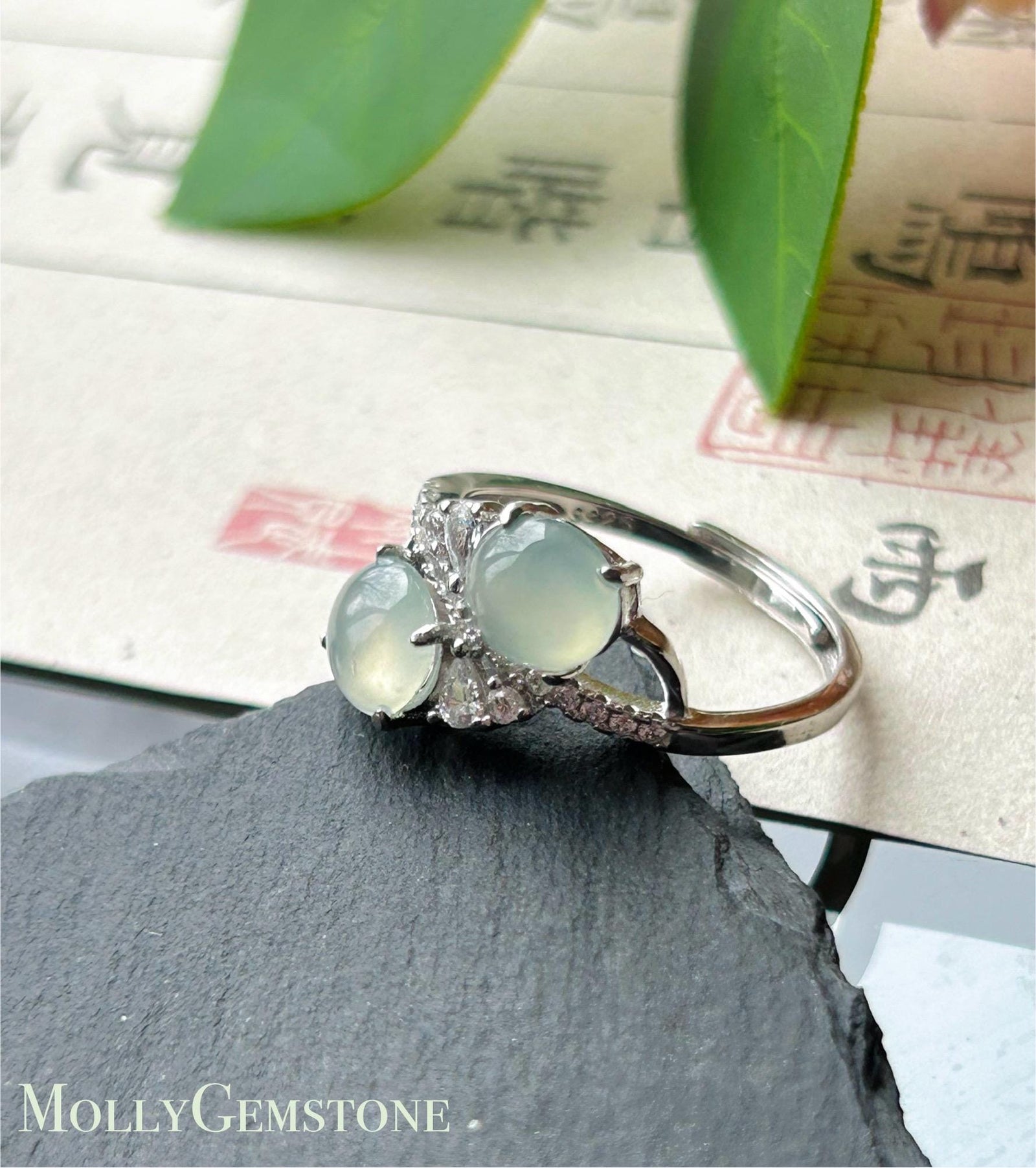 Natural Jadeite Double Cabochon Ring | Burmese Type A Highly Translucent Icy White Jade Sterling Silver | Minimalist Jewelry