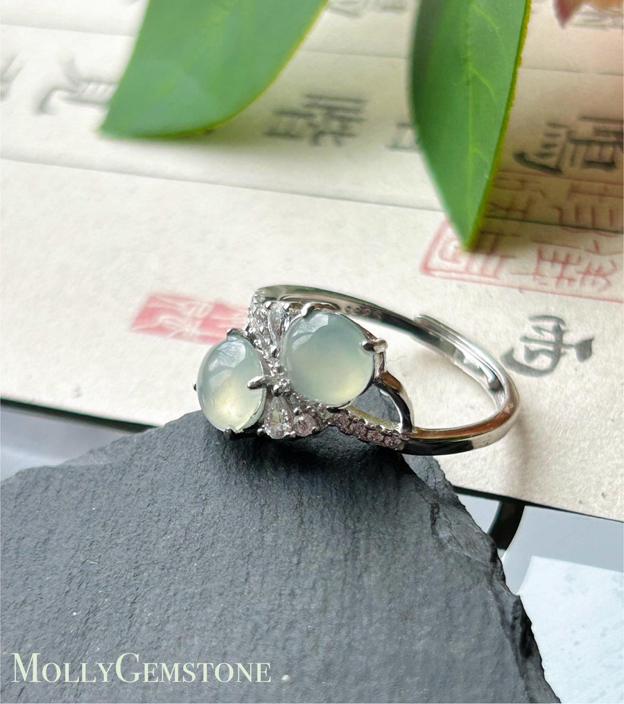 Natural Jadeite Double Cabochon Ring | Burmese Type A Highly Translucent Icy White Jade Sterling Silver | Minimalist Jewelry