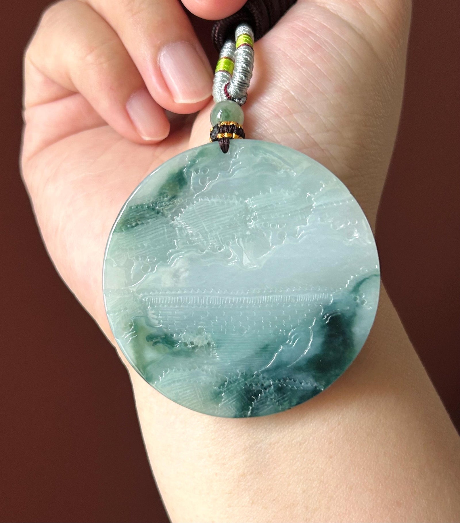 Certified Natural Jadeite Double-Sided Landscape Pendant, Burmese Type A Icy Translucent Blue Floral Jade Necklace
