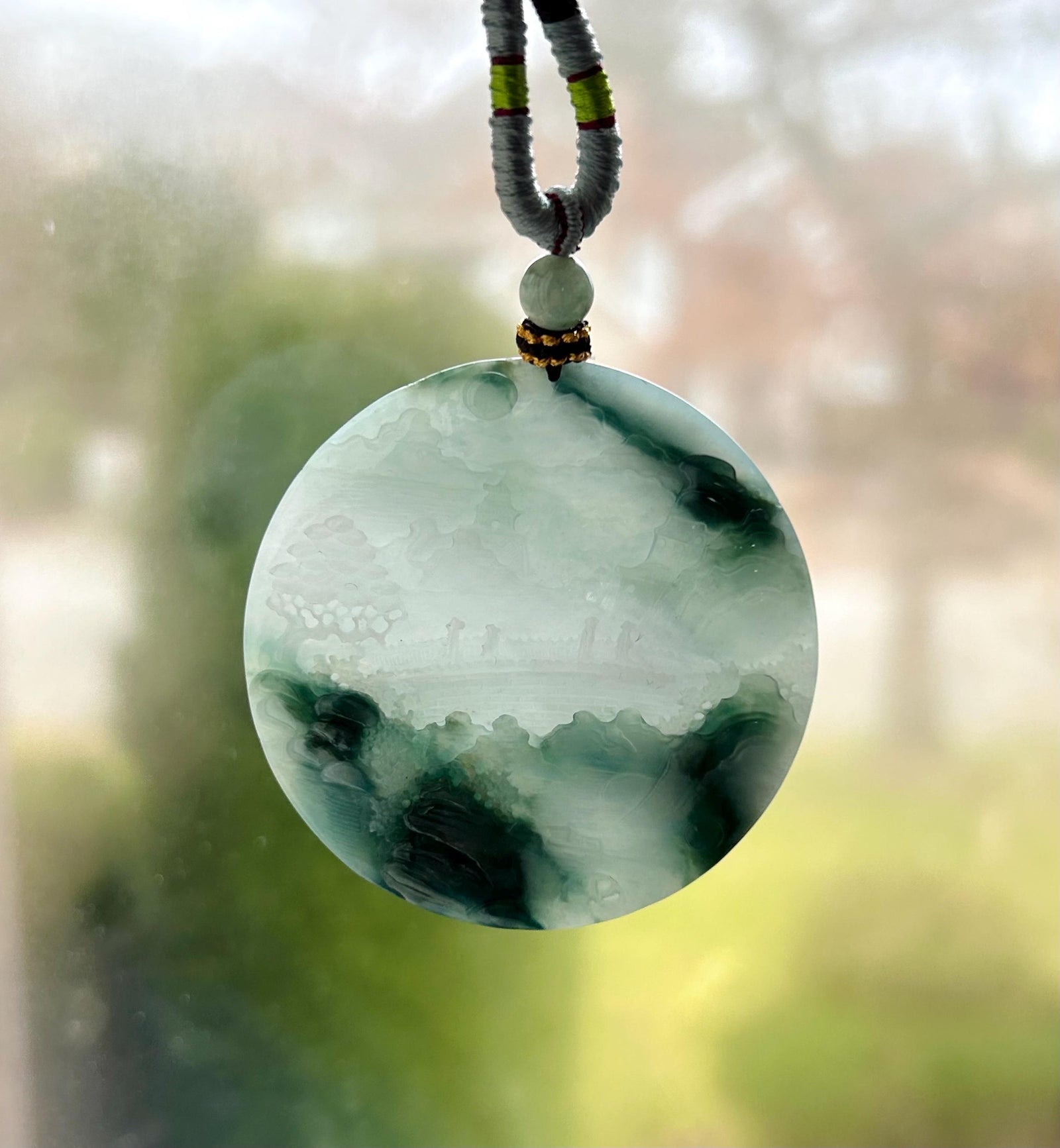 Certified Natural Jadeite Double-Sided Landscape Pendant, Burmese Type A Icy Translucent Blue Floral Jade Necklace