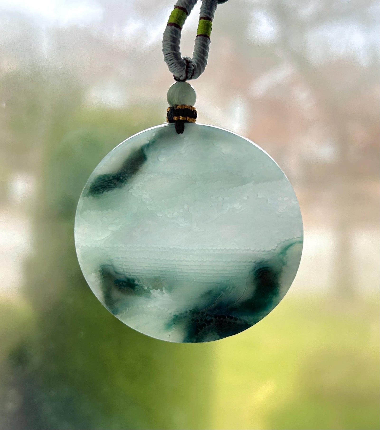Certified Natural Jadeite Double-Sided Landscape Pendant, Burmese Type A Icy Translucent Blue Floral Jade Necklace
