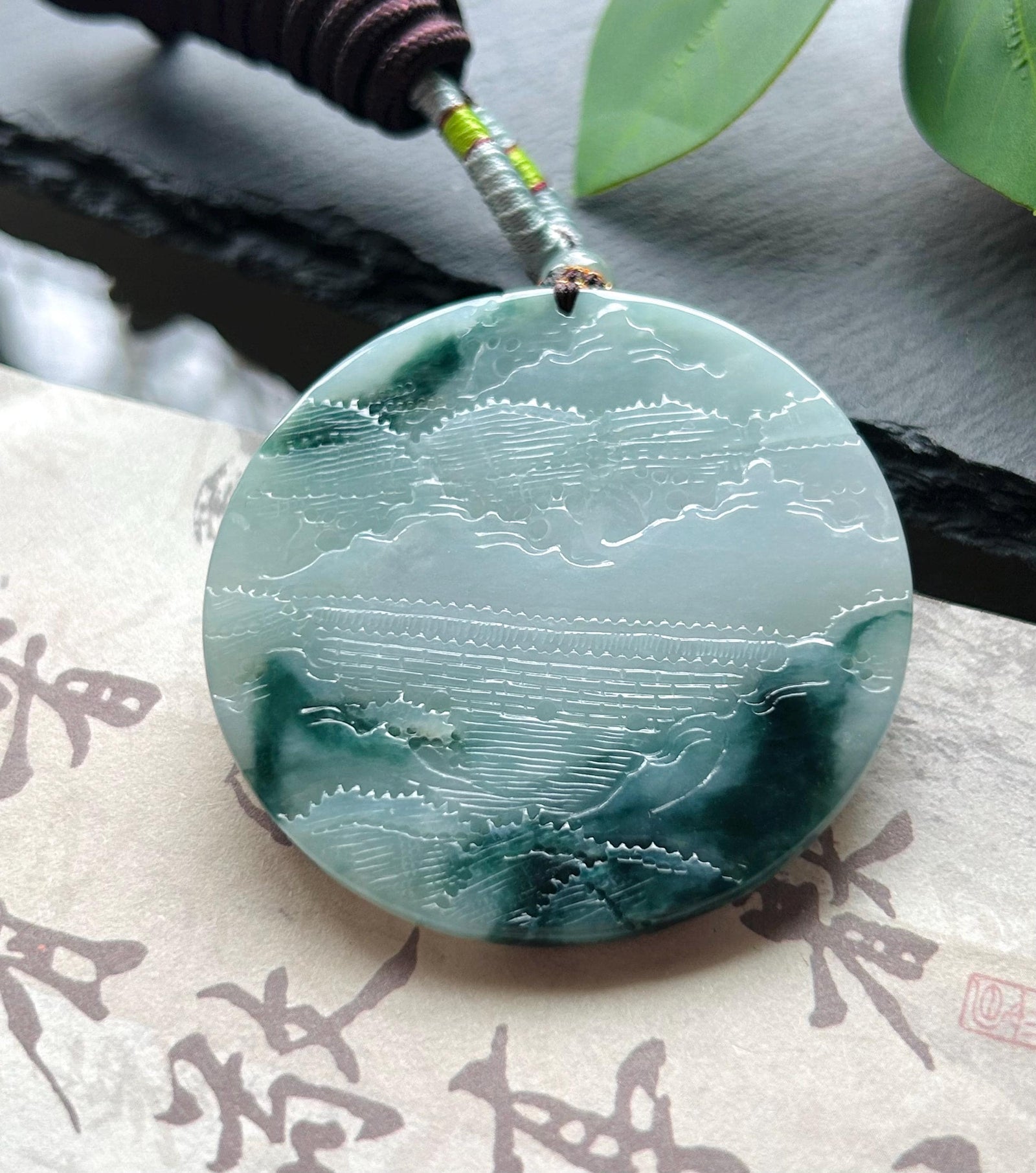 Certified Natural Jadeite Double-Sided Landscape Pendant, Burmese Type A Icy Translucent Blue Floral Jade Necklace