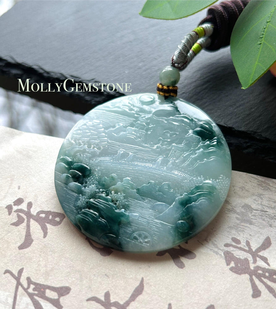 Certified Natural Jadeite Double-Sided Landscape Pendant, Burmese Type A Icy Translucent Blue Floral Jade Necklace