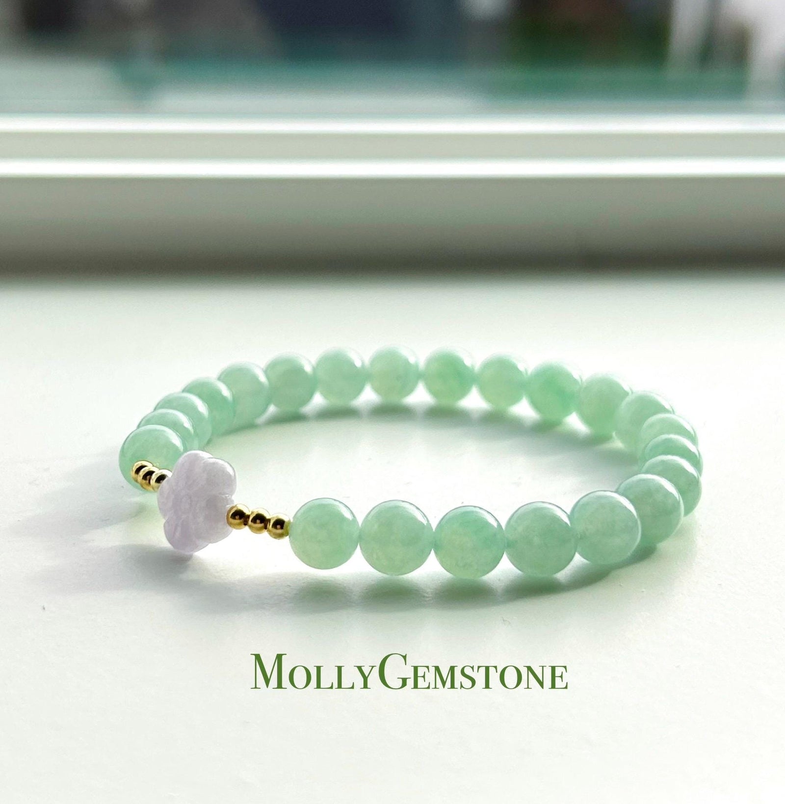 Natural Jadeite Beaded Bracelet | Burmese Type A Highly Translucent Icy Apple Green & Lavender Jade 7mm Designer Minimalist Jewelry