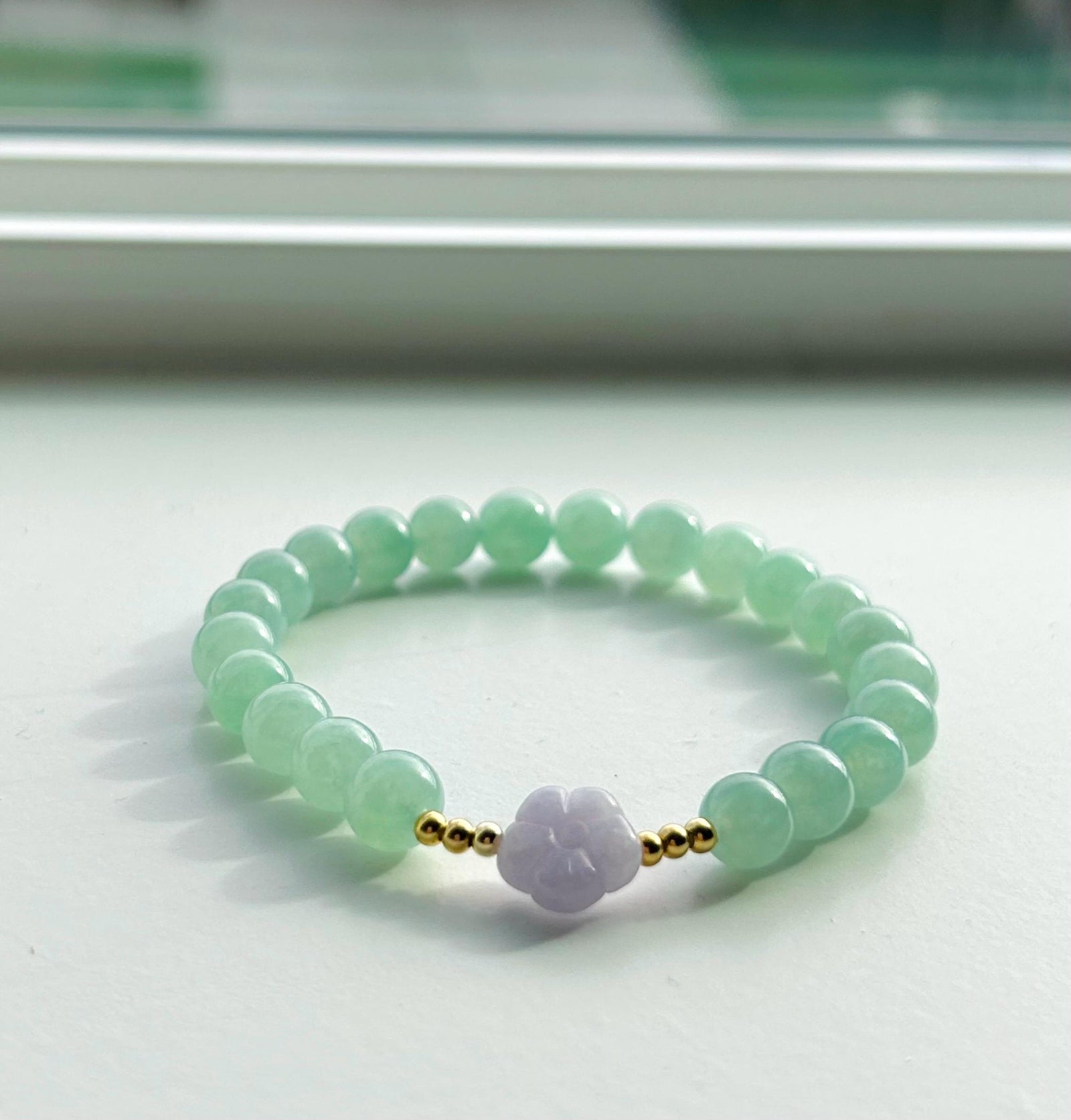 Natural Jadeite Beaded Bracelet | Burmese Type A Highly Translucent Icy Apple Green & Lavender Jade 7mm Designer Minimalist Jewelry