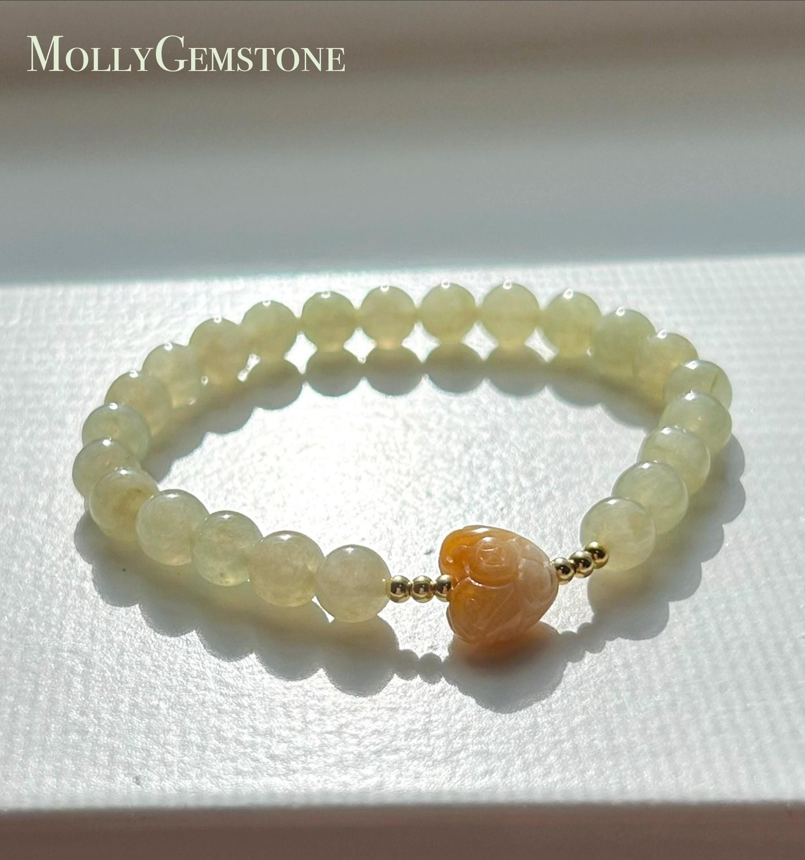 Natural Jadeite Beaded Bracelet | Burmese Type A Highly Translucent Icy Honey Pear Yellow Jade 7mm Designer Minimalist Jewelry
